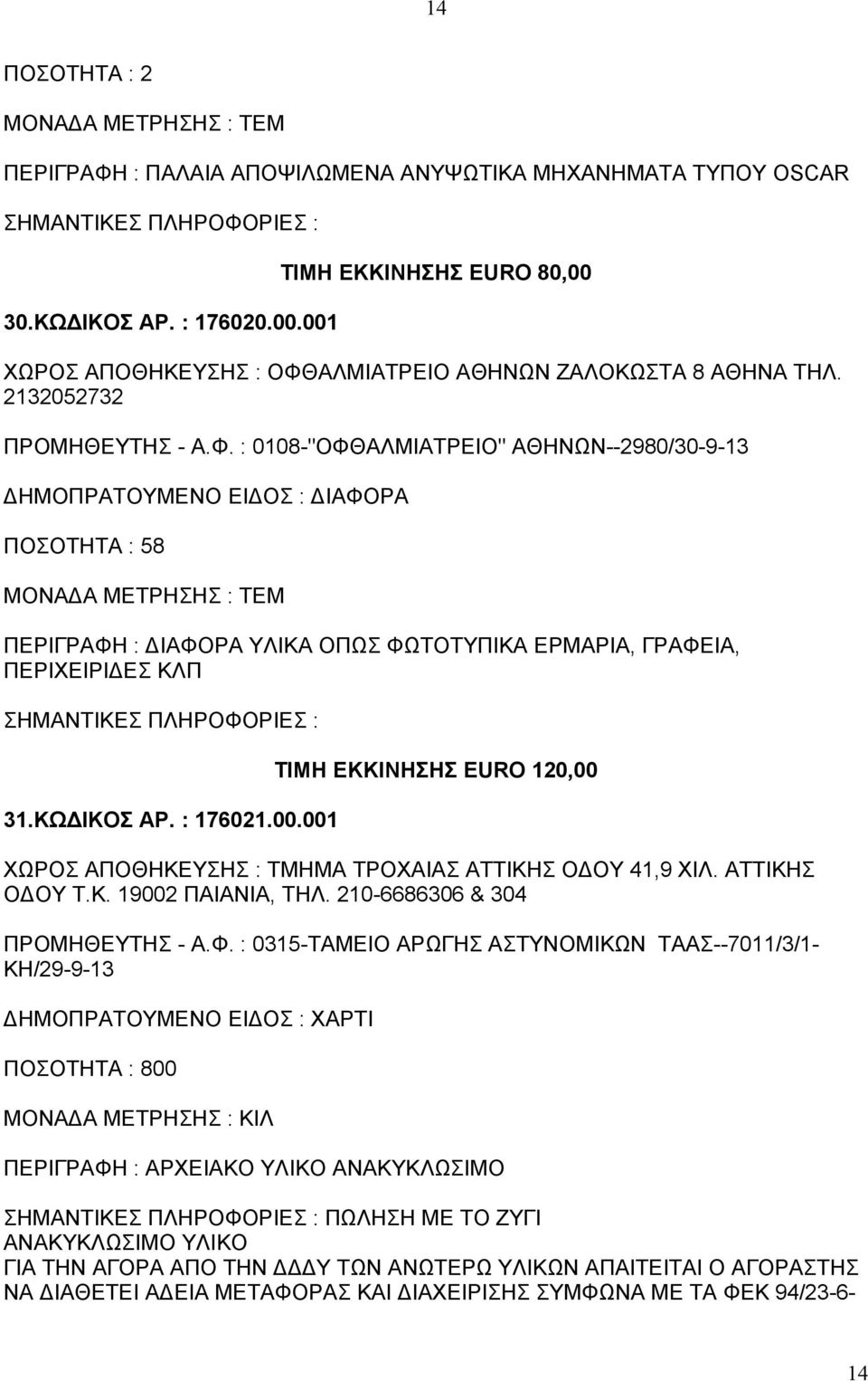 001 ΤΙΜΗ ΕΚΚΙΝΗΣΗΣ EURO 120,00 ΧΩΡΟΣ ΑΠΟΘΗΚΕΥΣΗΣ : ΤΜΗΜΑ ΤΡΟΧΑΙΑΣ ΑΤΤΙΚΗΣ ΟΔΟΥ 41,9 ΧΙΛ. ΑΤΤΙΚΗΣ ΟΔΟΥ Τ.Κ. 19002 ΠΑΙΑΝΙΑ, ΤΗΛ. 210-6686306 & 304 ΠΡΟΜΗΘΕΥΤΗΣ - Α.Φ.