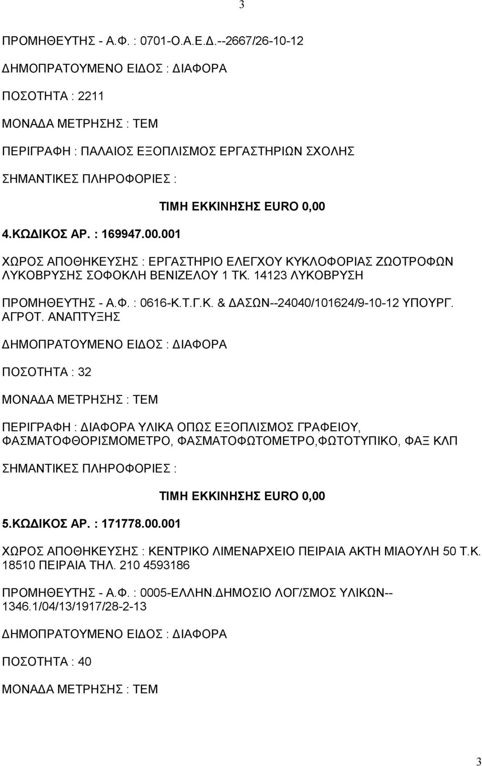 ΑΓΡΟΤ. ΑΝΑΠΤΥΞΗΣ ΠΟΣΟΤΗΤΑ : 32 ΠΕΡΙΓΡΑΦΗ : ΔΙΑΦΟΡΑ ΥΛΙΚΑ ΟΠΩΣ ΕΞΟΠΛΙΣΜΟΣ ΓΡΑΦΕΙΟΥ, ΦΑΣΜΑΤΟΦΘΟΡΙΣΜΟΜΕΤΡΟ, ΦΑΣΜΑΤΟΦΩΤΟΜΕΤΡΟ,ΦΩΤΟΤΥΠΙΚΟ, ΦΑΞ ΚΛΠ 5.ΚΩΔΙΚΟΣ ΑΡ. : 171778.00.