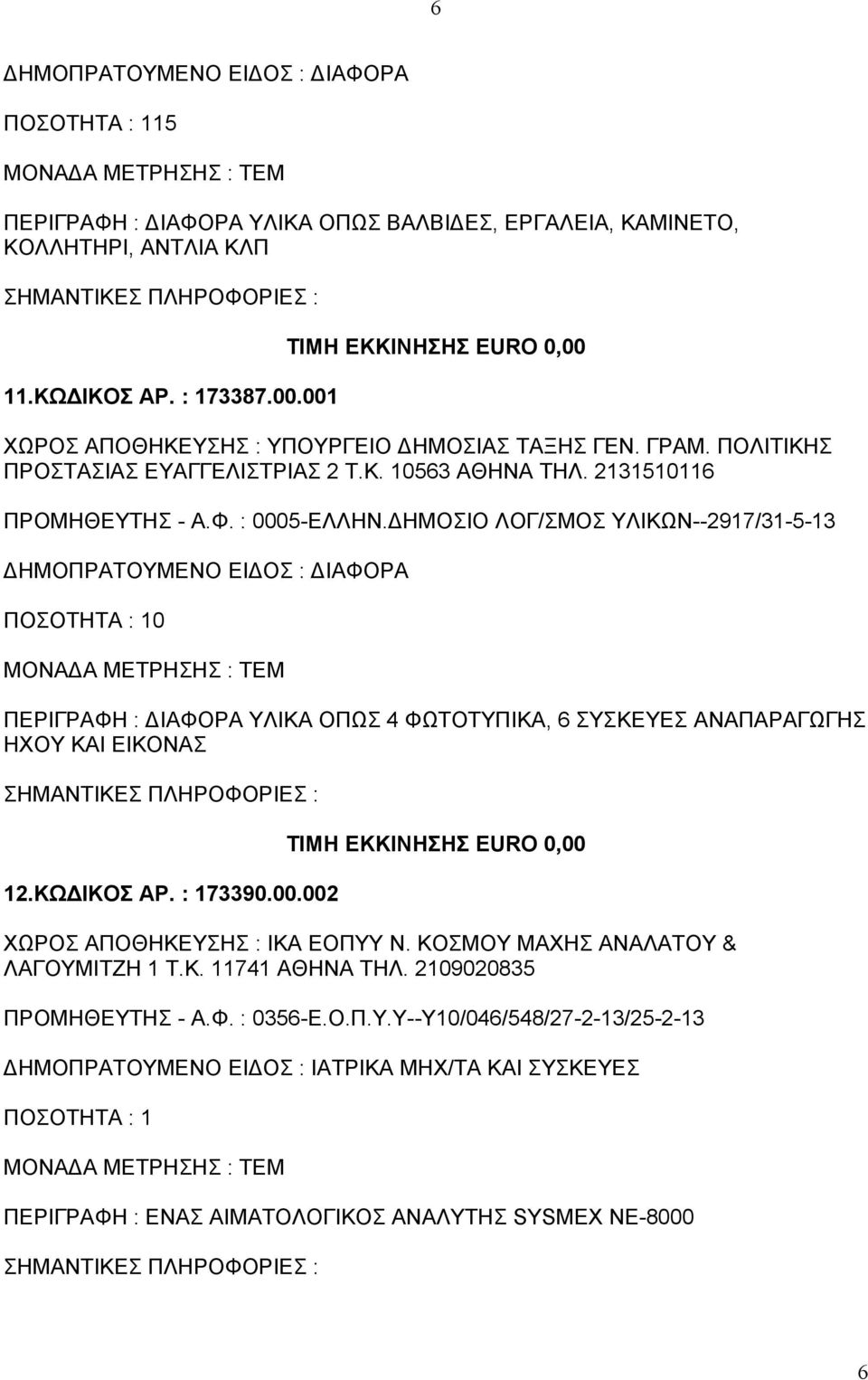 ΔΗΜΟΣΙΟ ΛΟΓ/ΣΜΟΣ ΥΛΙΚΩΝ--2917/31-5-13 0 ΠΕΡΙΓΡΑΦΗ : ΔΙΑΦΟΡΑ ΥΛΙΚΑ ΟΠΩΣ 4 ΦΩΤΟΤΥΠΙΚΑ, 6 ΣΥΣΚΕΥΕΣ ΑΝΑΠΑΡΑΓΩΓΗΣ ΗΧΟΥ ΚΑΙ ΕΙΚΟΝΑΣ 12.ΚΩΔΙΚΟΣ ΑΡ. : 173390.00.