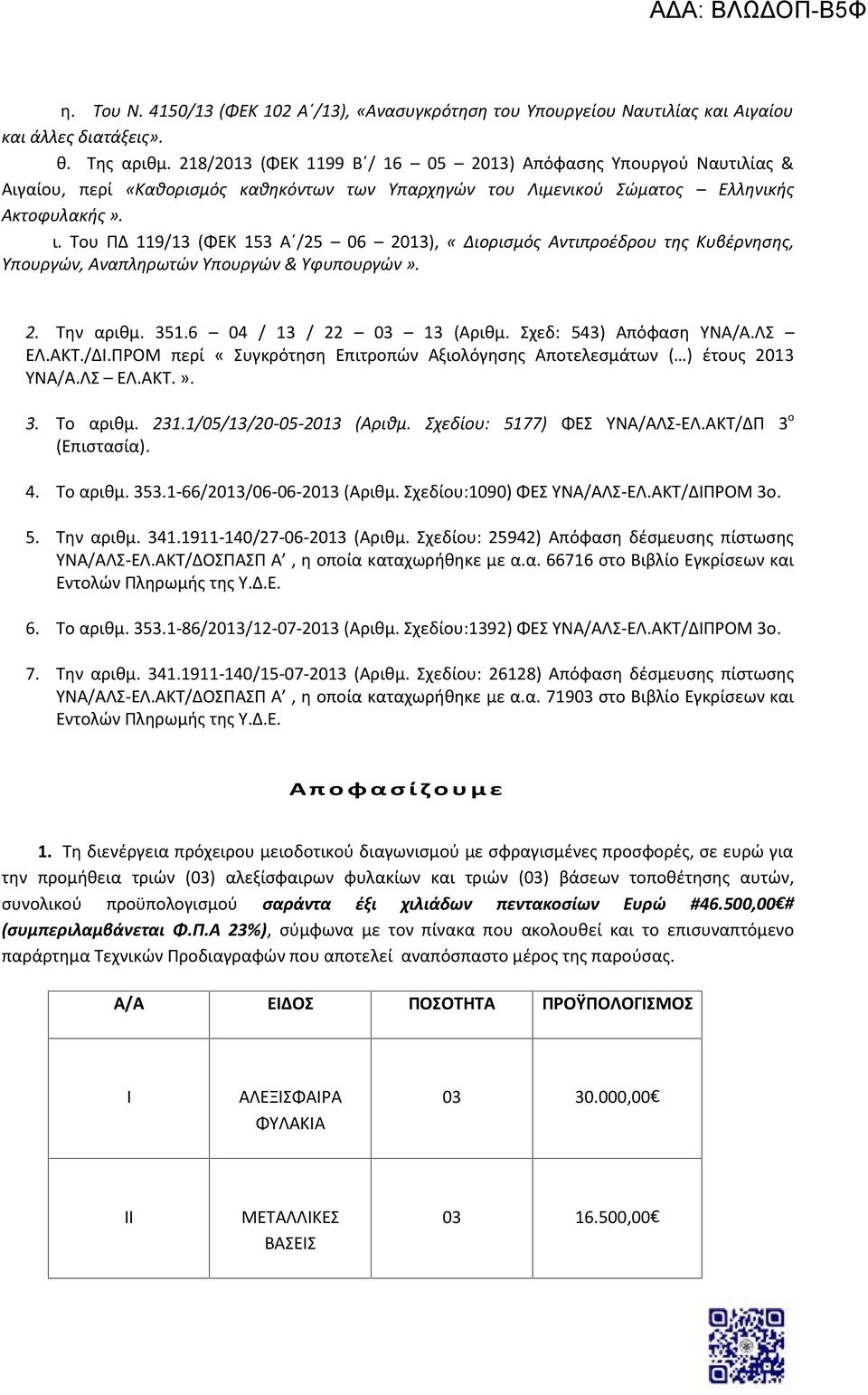 Του ΠΔ 119/13 (ΦΕΚ 153 Α /25 06 2013), «Διορισμός Αντιπροέδρου της Κυβέρνησης, Υπουργών, Αναπληρωτών Υπουργών & Υφυπουργών». 2. Την αριθμ. 351.6 04 / 13 / 22 03 13 (Αριθμ. Σχεδ: 543) Απόφαση ΥΝΑ/Α.