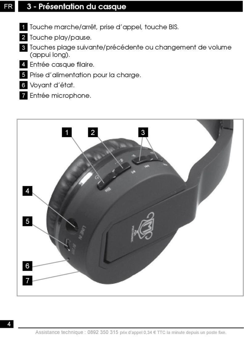 4 Entrée casque filaire. 5 Prise d alimentation pour la charge. 6 Voyant d état.