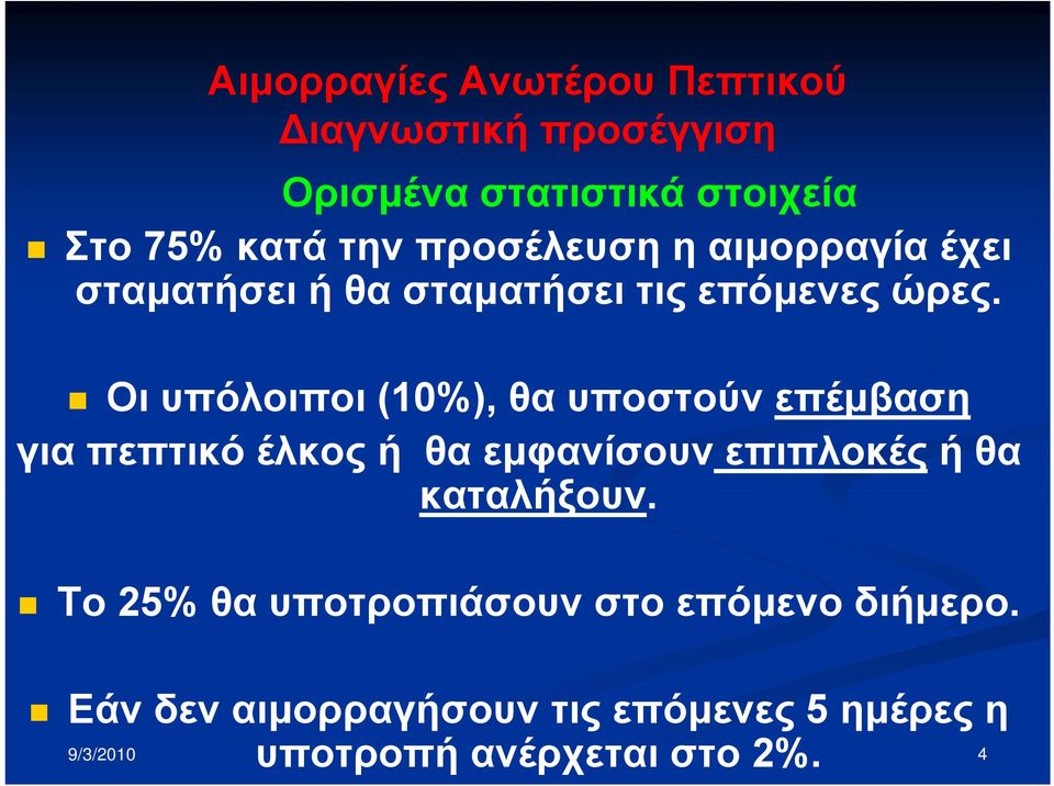 Οι υπόλοιποι (10%), θα υποστούν επέμβαση για πεπτικό έλκος ή θα εμφανίσουν επιπλοκές ή θα καταλήξουν.