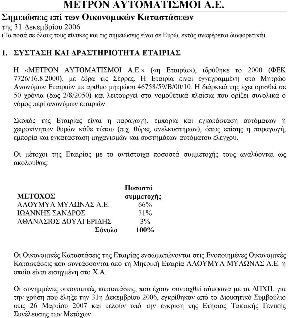 Η διάρκειά της έχει ορισθεί σε 50 χρόνια (έως 2/8/2050) και λειτουργεί στα νοµοθετικά πλαίσια που ορίζει συνολικά ο νόµος περί ανωνύµων εταιριών.