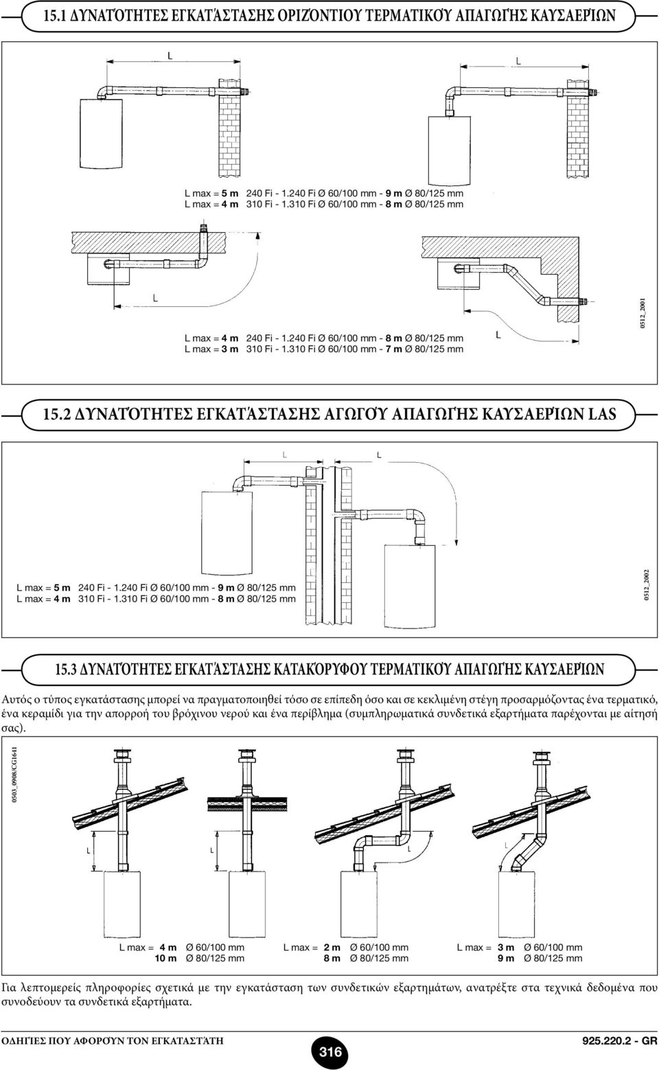 2 δυνατότητες εγκατάστασης αγωγού απαγωγής καυσαερίων LAS L max = 5 m 240 Fi - 1.240 Fi Ø 60/100 mm - 9 m Ø 80/125 mm L max = 4 m 310 Fi - 1.310 Fi Ø 60/100 mm - 8 m Ø 80/125 mm 0512_2002 15.