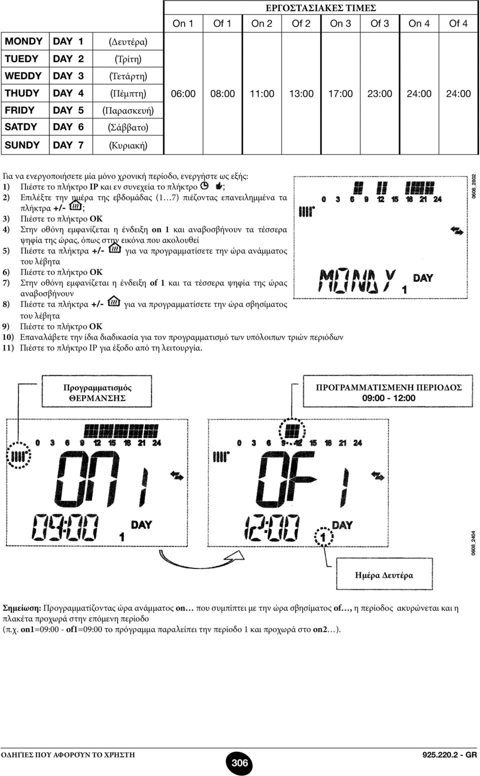 ημέρα της εβδομάδας (1 7) πιέζοντας επανειλημμένα τα πλήκτρα +/- ; 3) Πιέστε το πλήκτρο OK 4) Στην οθόνη εμφανίζεται η ένδειξη on 1 και αναβοσβήνουν τα τέσσερα ψηφία της ώρας, όπως στην εικόνα που