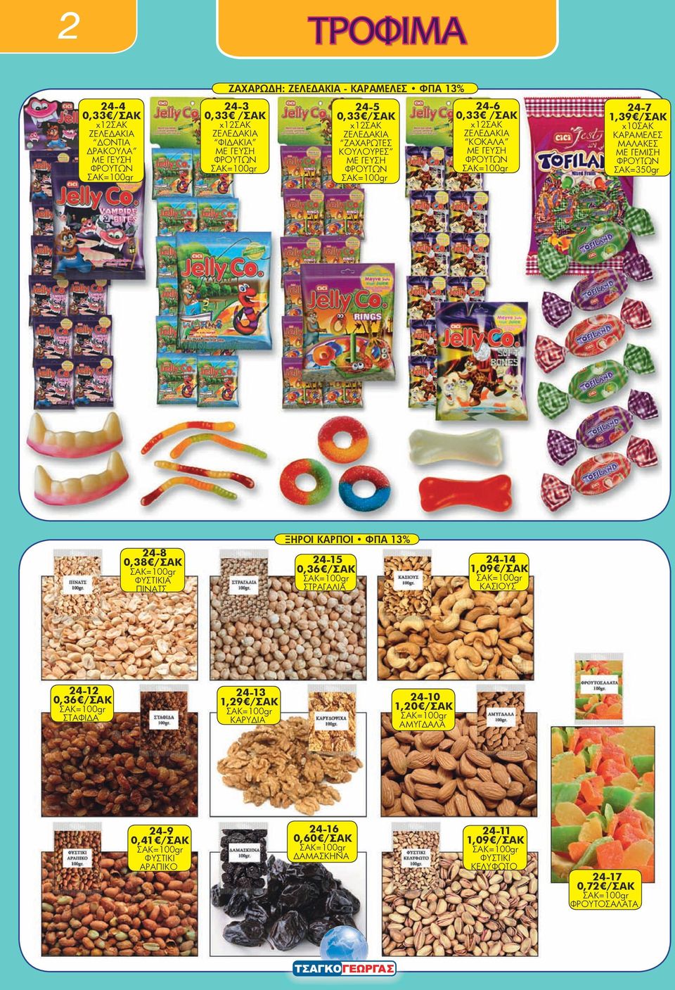 ΣΑΚ=350gr 24-8 0,38 /ΣΑΚ ΣΑΚ=100gr ΦΥΣΤΙΚΙΑ ΠΙΝΑΤΣ ΞΗΡΟΙ ΚΑΡΠΟΙ ΦΠΑ 13% 24-15 0,36 /ΣΑΚ ΣΑΚ=100gr ΣΤΡΑΓΑΛΙΑ 24-14 1,09 /ΣΑΚ ΣΑΚ=100gr ΚΑΣΙΟΥΣ 24-12 0,36 /ΣΑΚ ΣΑΚ=100gr ΣΤΑΦΙΔΑ 24-13 1,29 /ΣΑΚ