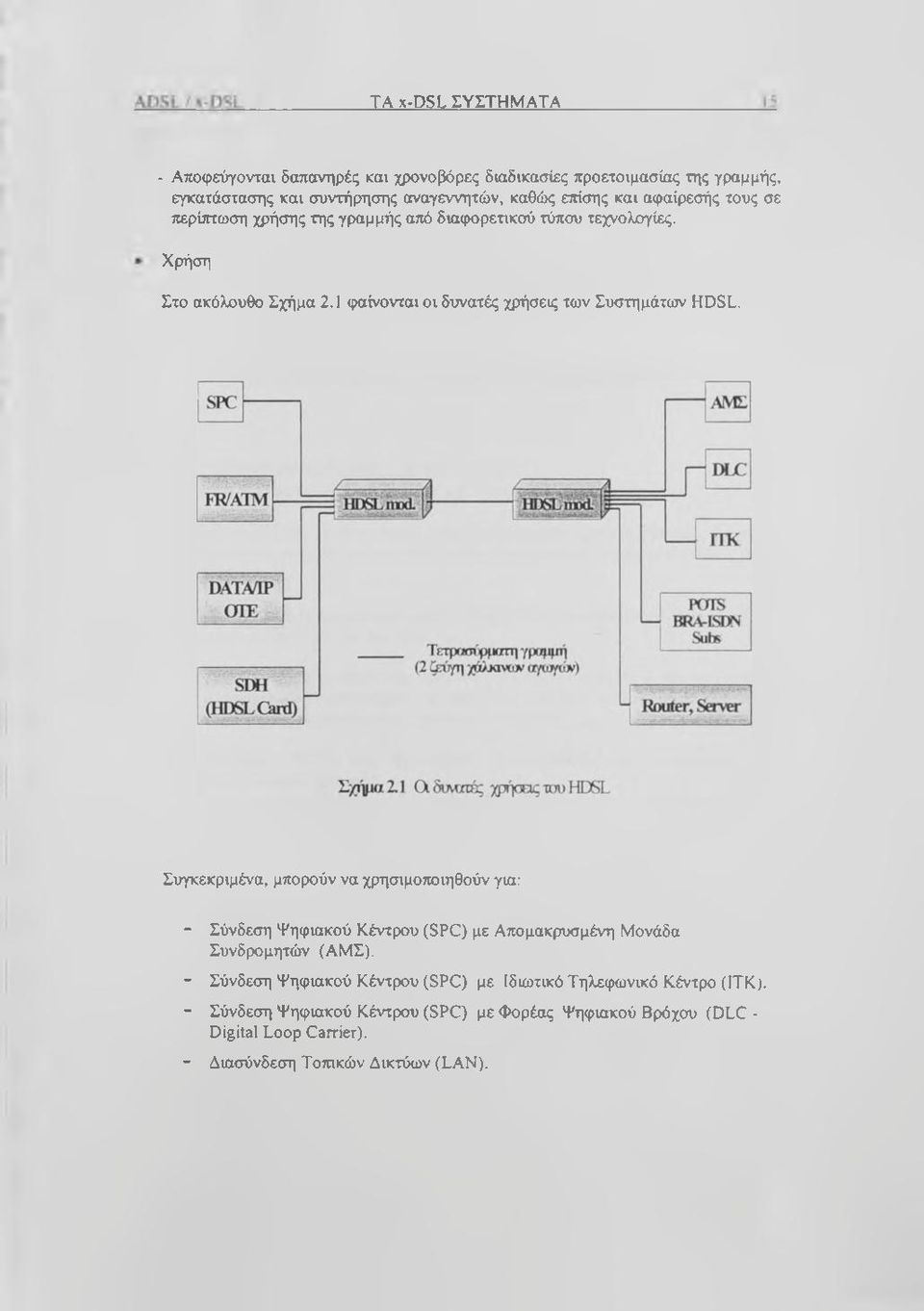 1 φαίνονται οι δυνατές χρήσεις των Συστημάτοιν HDSL.