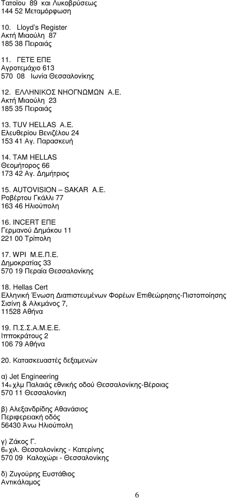 INCERT ΕΠΕ Γερµανού ηµάκου 11 221 00 Τρίπολη 17. WPI Μ.Ε.Π.Ε. ηµοκρατίας 33 570 19 Περαία Θεσσαλονίκης 18.