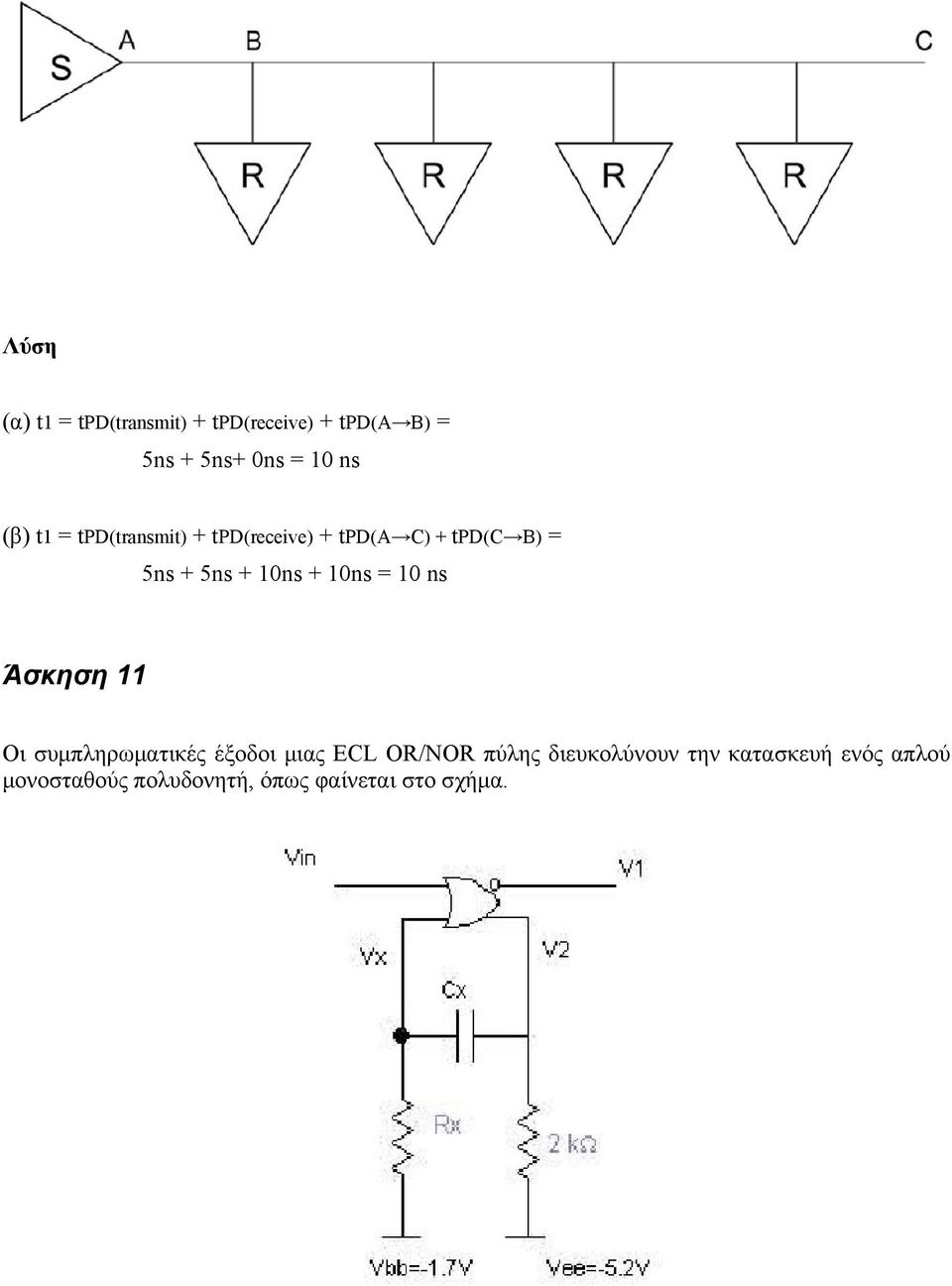 + 10ns = 10 ns Άσκηση 11 Οι συμπληρωματικές έξοδοι μιας ECL OR/NOR πύλης