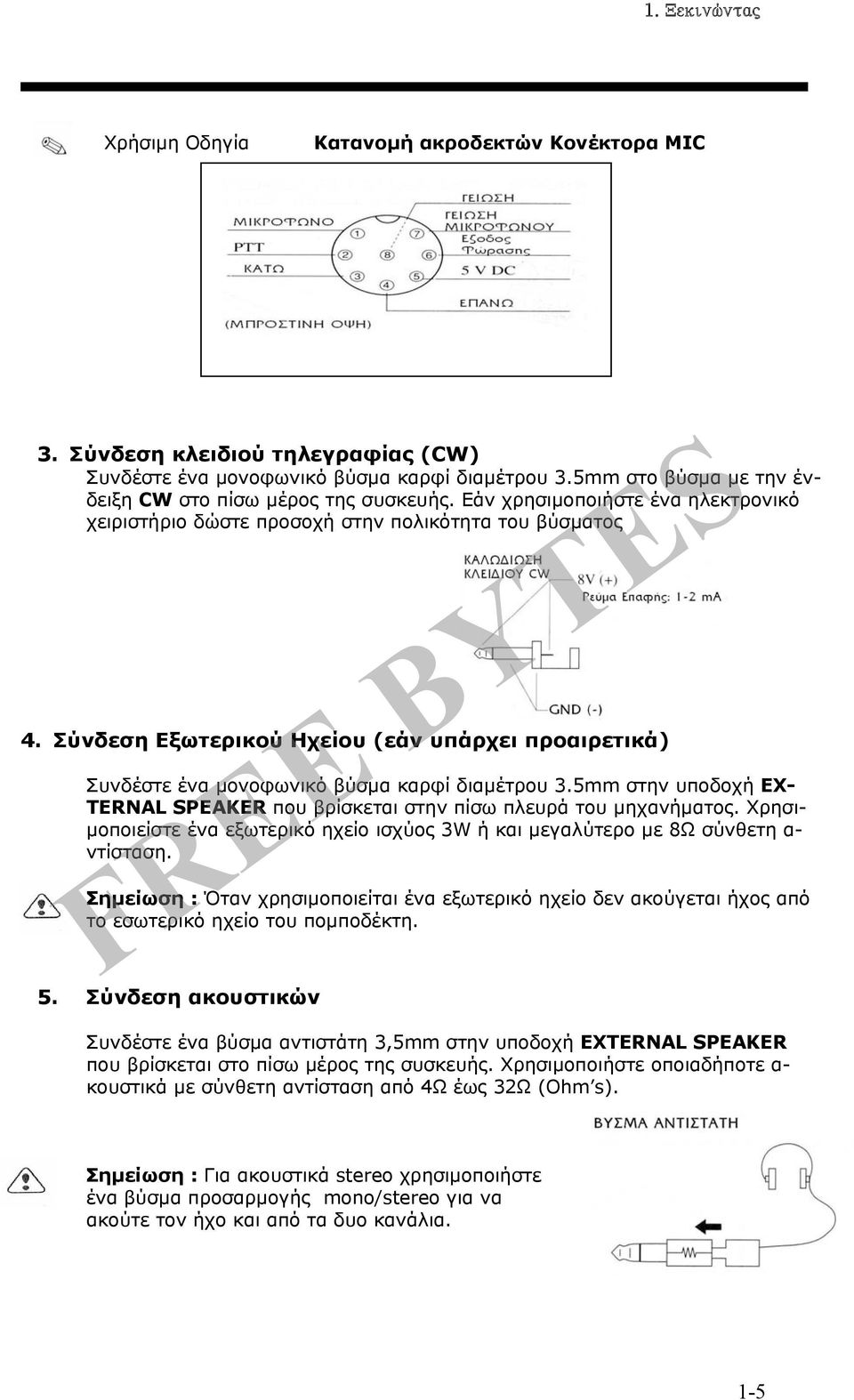 Σύνδεση Εξωτερικού Ηχείου (εάν υπάρχει προαιρετικά) Συνδέστε ένα μονοφωνικό βύσμα καρφί διαμέτρου 3.5mm στην υποδοχή EX- TERNAL SPEAKER που βρίσκεται στην πίσω πλευρά του μηχανήματος.