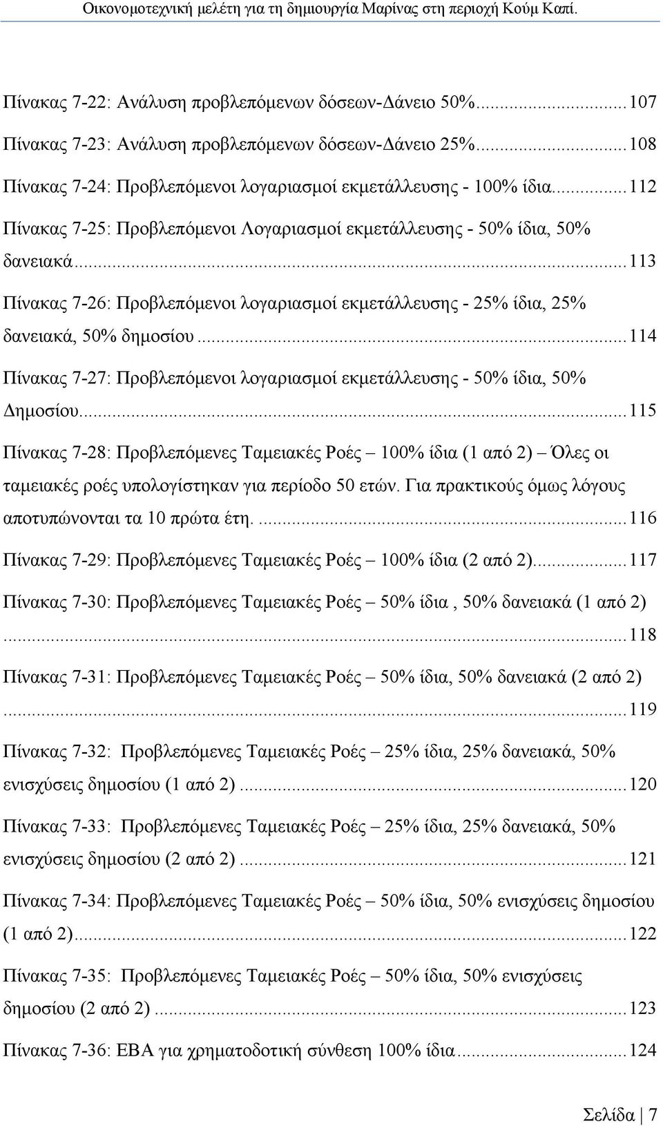 .. 114 Πίνακας 7-27: Προβλεπόμενοι λογαριασμοί εκμετάλλευσης - 50% ίδια, 50% Δημοσίου.