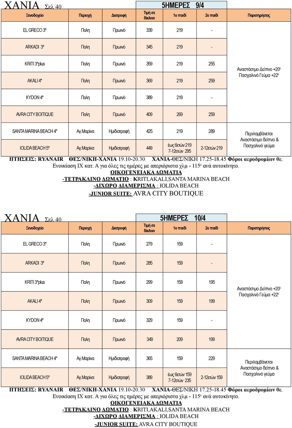 Μαρίνα Ημιδιατροφή 9 έως 6ετών 219 7-12ετών 29 2-12ετών 219 Περιλαμβάνεται Αναστάσιμο δείπνο ΠΤΗΣΕΙΣ: RYANAIR ΘΕΣ/ΝΙΚΗ-ΧΑΝΙΑ 19.10-20.30 ΧΑΝΙΑ-ΘΕΣ/ΝΙΚΗ 17.2-18. Φόροι αεροδρομίων 0ε. Ενοικίαση ΙΧ κατ.