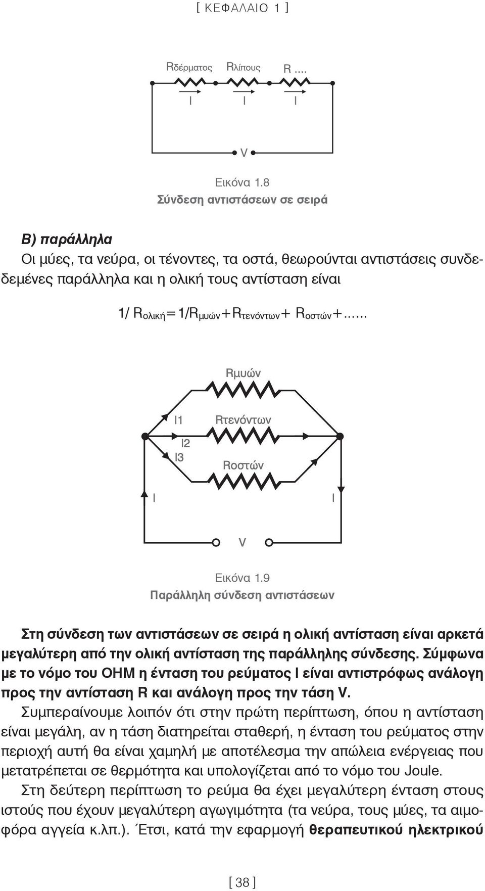 οστών+... Εικόνα 1.9 Παράλληλη σύνδεση αντιστάσεων Στη σύνδεση των αντιστάσεων σε σειρά η ολική αντίσταση είναι αρκετά μεγαλύτερη από την ολική αντίσταση της παράλληλης σύνδεσης.