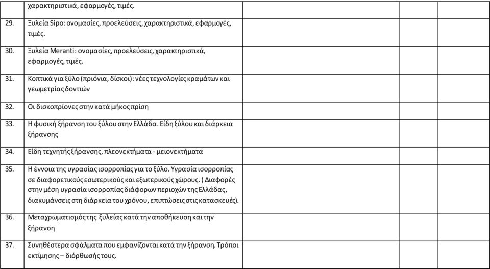 Είδη ξύλου και διάρκεια ξήρανσης 34. Είδη τεχνητής ξήρανσης, πλεονεκτήματα - μειονεκτήματα 35. Η έννοια της υγρασίας ισορροπίας για το ξύλο.