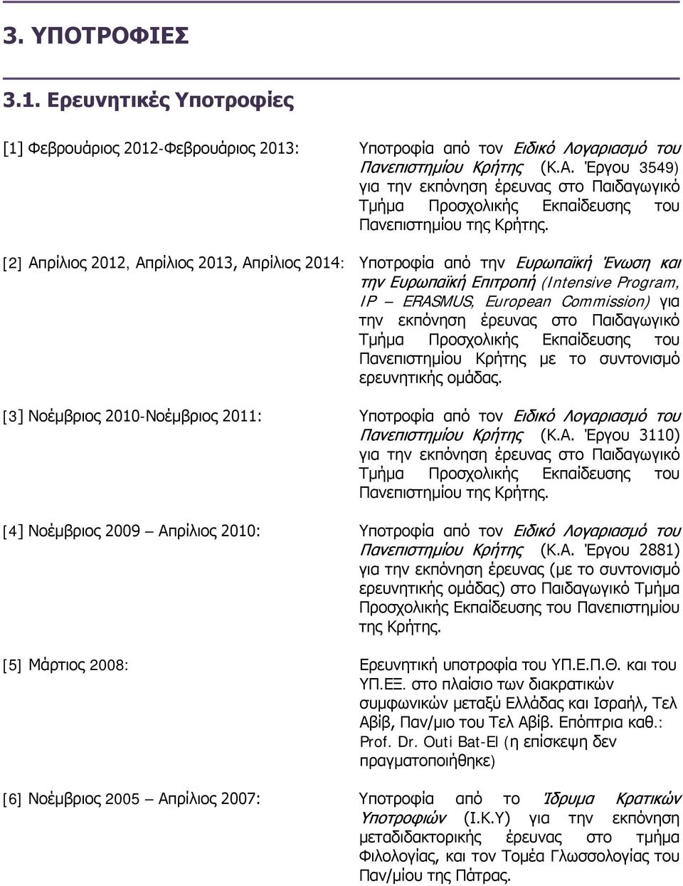 [2] Απρίλιος 2012, Απρίλιος 2013, Απρίλιος 2014: Υποτροφία από την Ευρωπαϊκή Ένωση και την Ευρωπαϊκή Επιτροπή (Intensive Program, IP ERASMUS, European Commission) για την εκπόνηση έρευνας στο