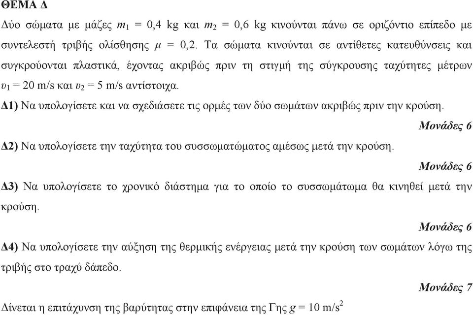 Δ1) Να υπολογίσετε και να σχεδιάσετε τις ορμές των δύο σωμάτων ακριβώς πριν την κρούση. Δ2) Να υπολογίσετε την ταχύτητα του συσσωματώματος αμέσως μετά την κρούση.