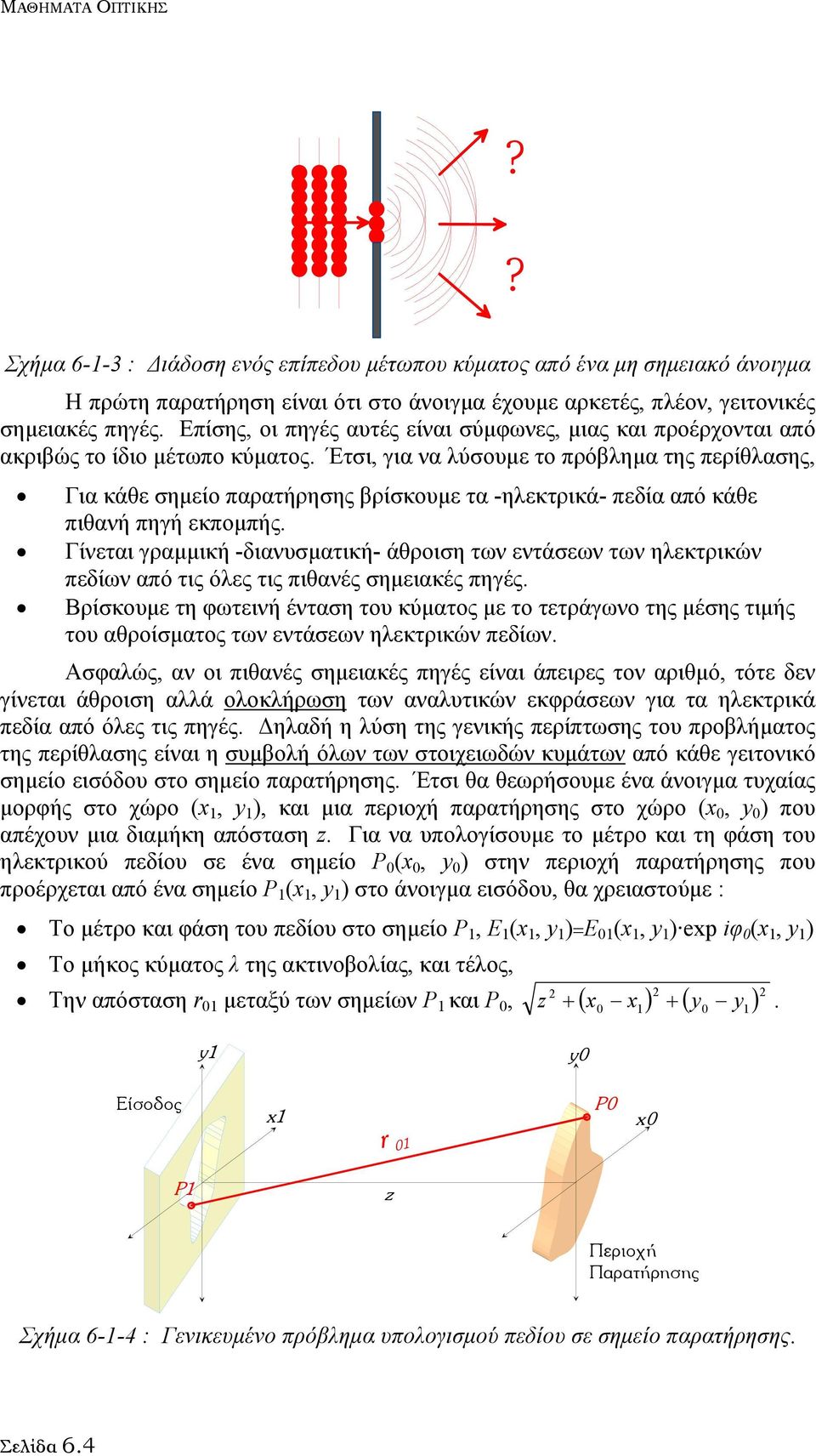 Έτσι, για να λύσουµε το πρόβληµα της περίθλασης, Για κάθε σηµείο παρατήρησης βρίσκουµε τα -ηλεκτρικά- πεδία από κάθε πιθανή πηγή εκποµπής.