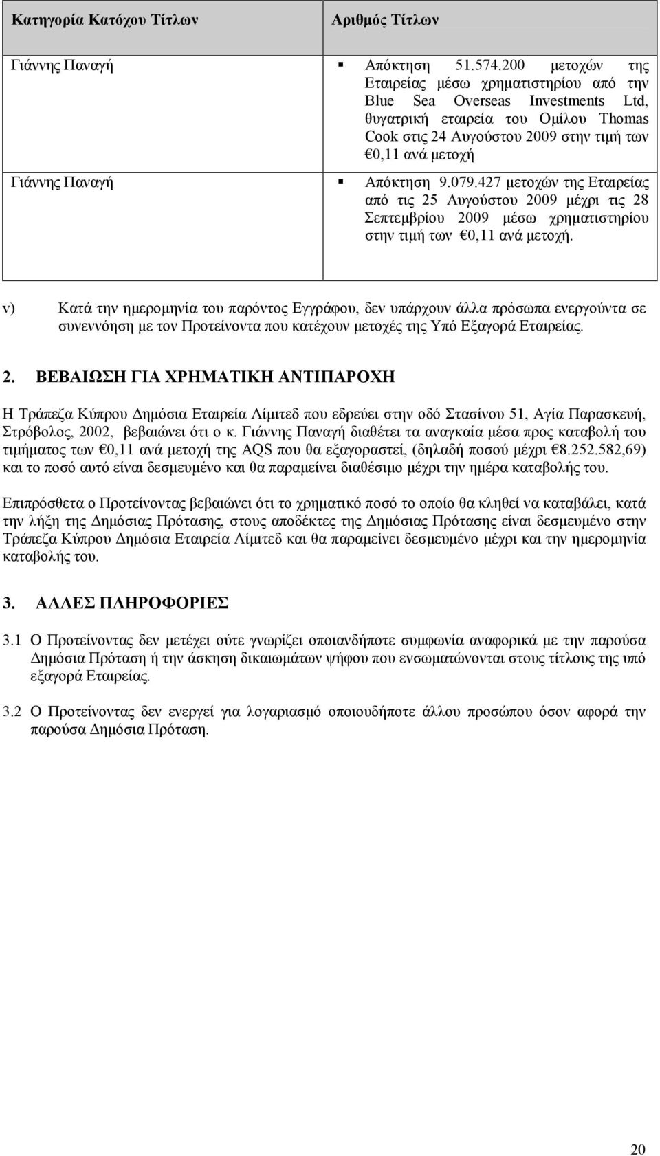 Απόκτηση 9.079.427 µετοχών της Εταιρείας από τις 25 Αυγούστου 2009 µέχρι τις 28 Σεπτεµβρίου 2009 µέσω χρηµατιστηρίου στην τιµή των 0,11 ανά µετοχή.