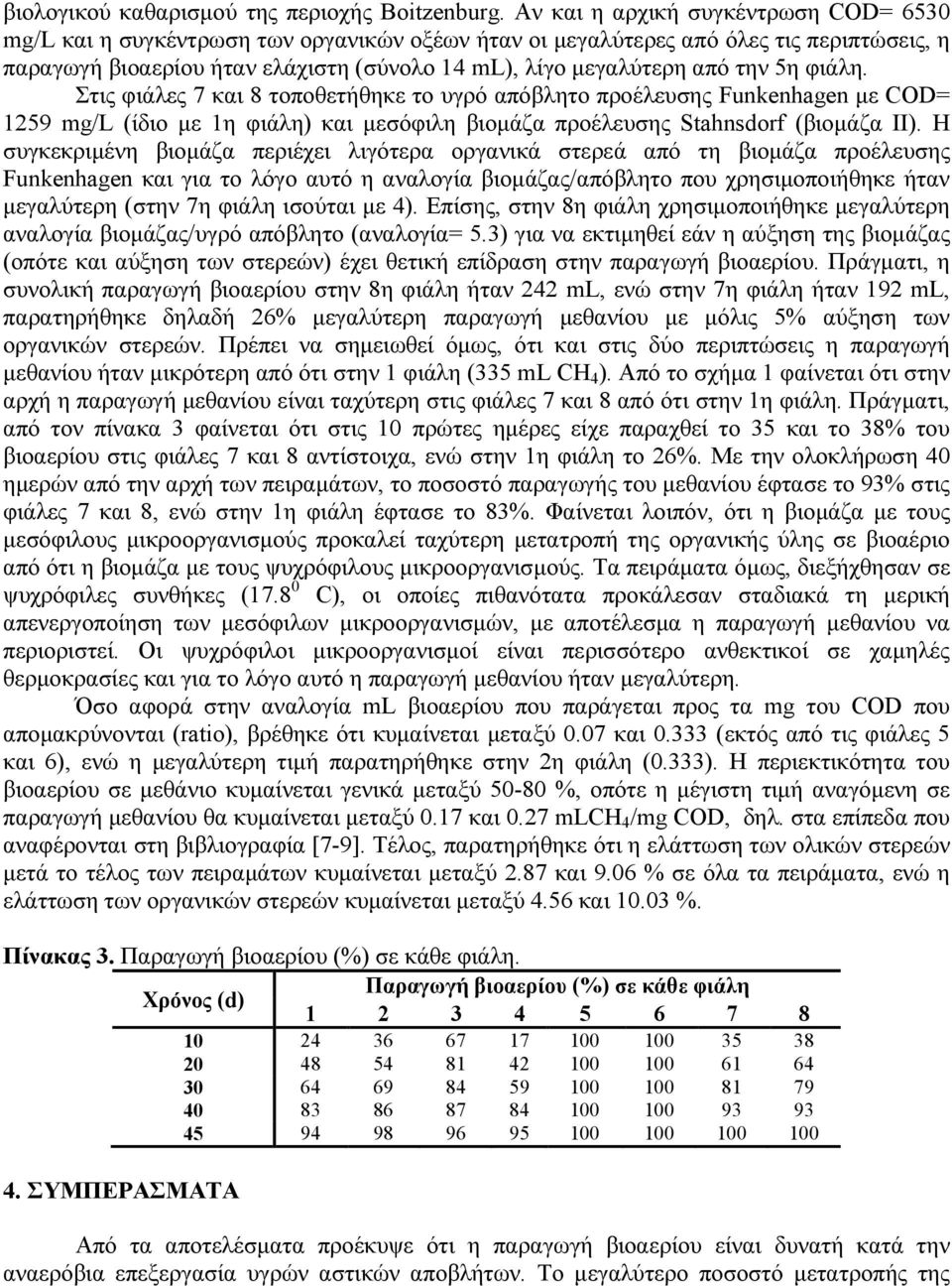 την 5η φιάλη. Στις φιάλες 7 και 8 τοποθετήθηκε το υγρό απόβλητο προέλευσης Funkenhagen µε COD= 1259 mg/l (ίδιο µε 1η φιάλη) και µεσόφιλη βιοµάζα προέλευσης Stahnsdorf (βιοµάζα ΙΙ).