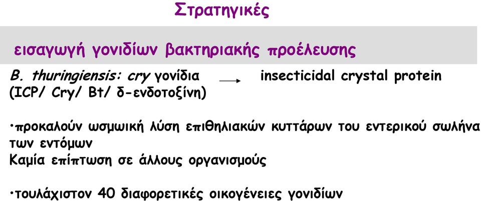 δ-ενδοτοξίνη) προκαλούν ωσμωική λύση επιθηλιακών κυττάρων του εντερικού