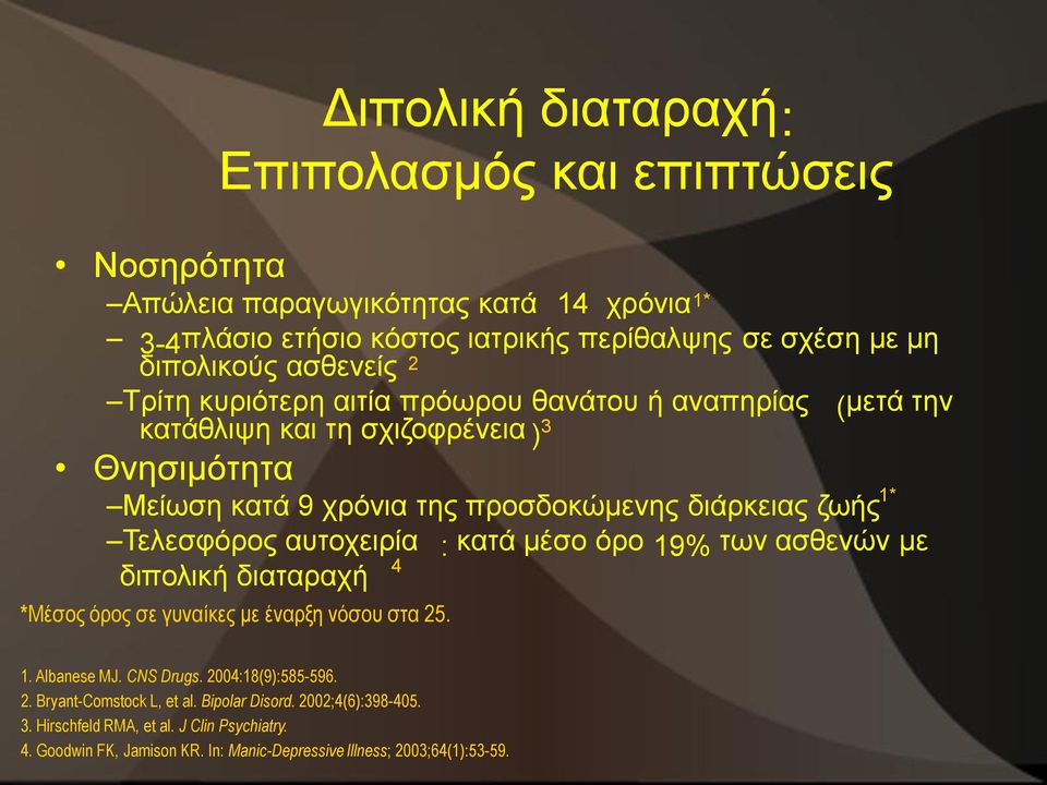 Τελεσφόρος αυτοχειρία : κατά μέσο όρο 19% των ασθενών με διπολική διαταραχή 4 *Μέσος όρος σε γυναίκες με έναρξη νόσου στα 25. 1. Albanese MJ. CNS Drugs. 2004:18(9):585-596. 2. Bryant-Comstock L, et al.