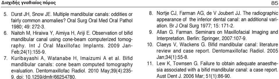 Kuribayashi A, Watanabe H, Imaizumi A et al. Bifid mandibular canals: cone beam computed tomography evaluation. Dentomaxillofac Radiol. 2010 May;39(4):235-9. doi: 10.1259/dmfr/66254780. 85 8.