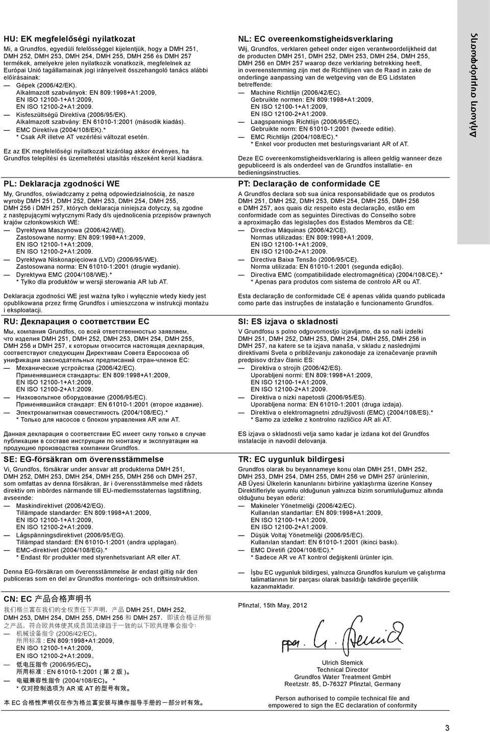 Alkalmazott szabványok: EN 9:199+A1:29, EN ISO 121-1+A1:29, EN ISO 121-2+A1:29. Kisfeszültségű Direktíva (26/95/EK). Alkalmazott szabvány: EN 611-1:21 (második kiadás). EMC Direktíva (2/1/EK).