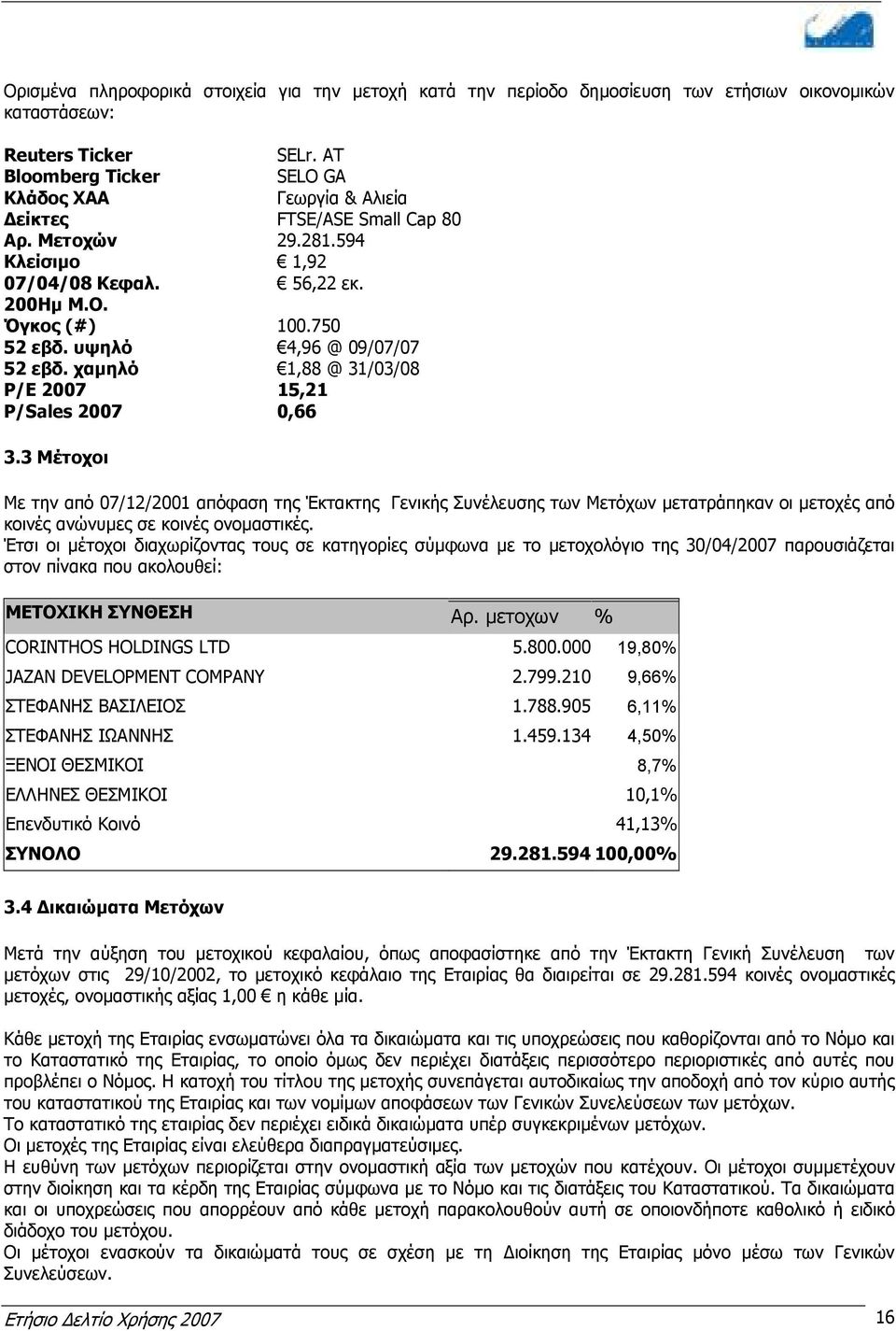 750 4,96 @ 09/07/07 1,88 @ 31/03/08 15,21 0,66 3.3 Μέτοχοι Με την από 07/12/2001 απόφαση της Έκτακτης Γενικής Συνέλευσης των Μετόχων µετατράπηκαν οι µετοχές από κοινές ανώνυµες σε κοινές ονοµαστικές.