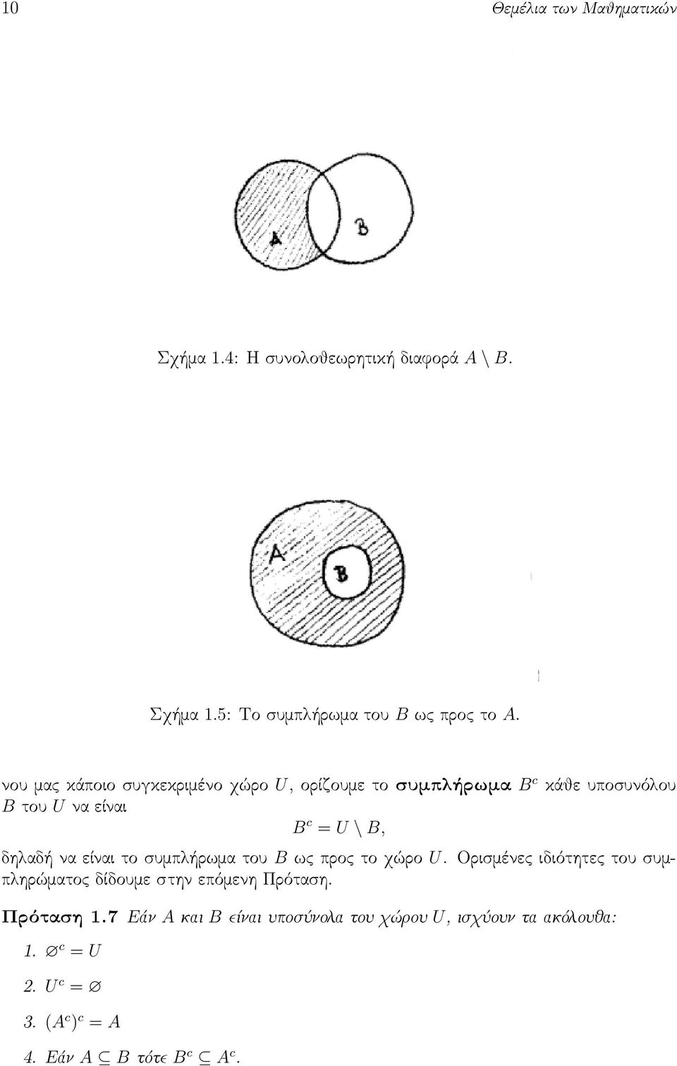 είναι το συμπλήρωμα του B ως προς το χώρο U. Ορισμένες ιδιότητες του συμπληρώματος δίδουμε στην επόμενη Πρόταση.