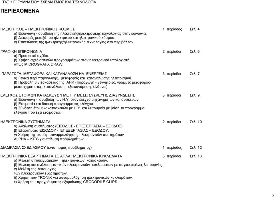 β) Χρήση σχεδιαστικών προγραμμάτων στον ηλεκτρονικό υπολογιστή, όπως MICROGRAFX DRAW. ΠΑΡΑΓΩΓΗ, ΜΕΤΑΦΟΡΑ ΚΑΙ ΚΑΤΑΝΑΛΩΣΗ ΗΛ. ΕΝΕΡΓΕΙΑΣ 3 περίοδοι Σελ.