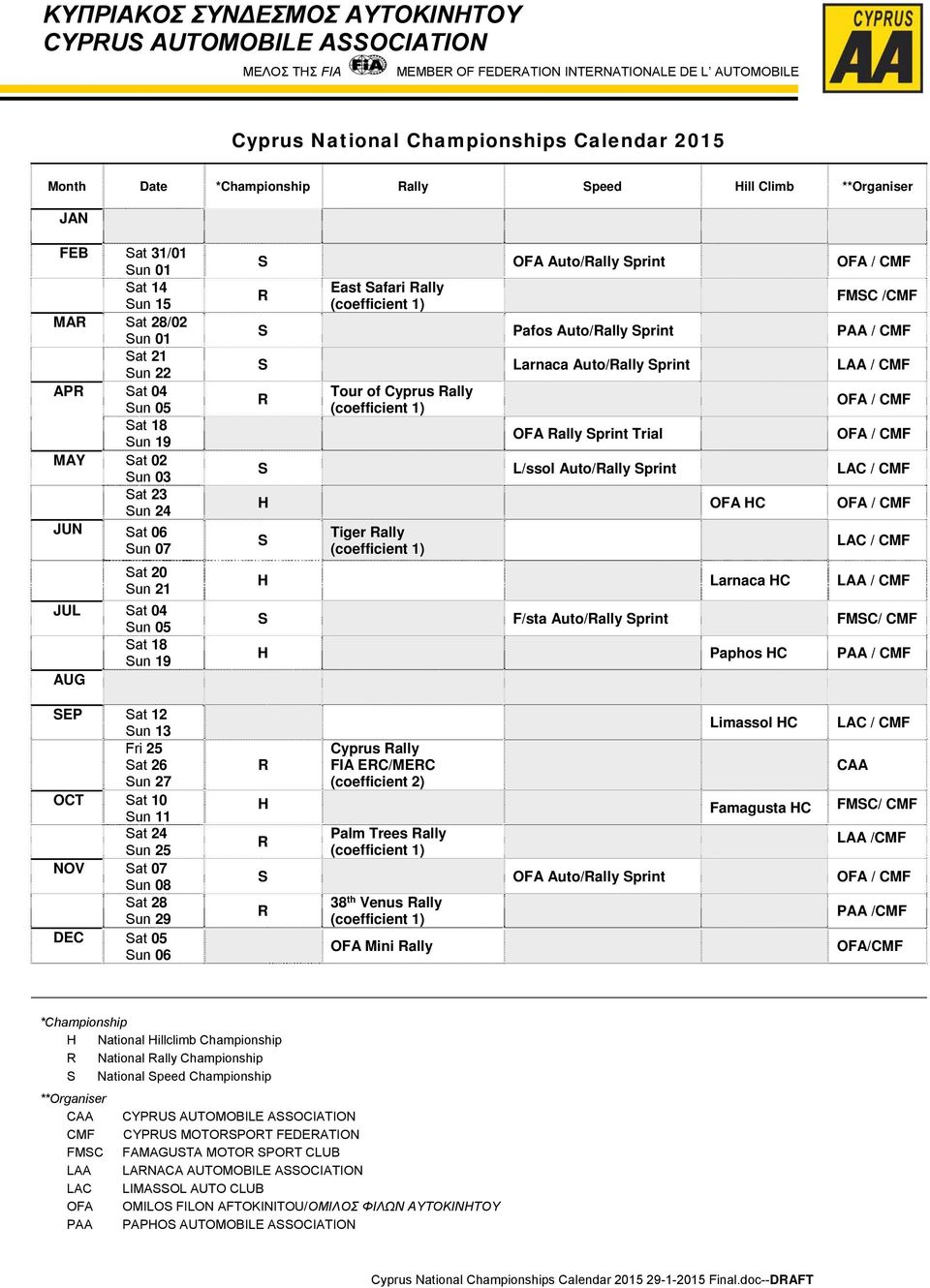 Sun 21 JUL Sat 04 Sun 05 Sat 18 Sun 19 AUG SEP Sat 12 Sun 13 Fri 25 Sat 26 Sun 27 OCT Sat 10 Sun 11 Sat 24 Sun 25 NOV Sat 07 Sun 08 Sat 28 Sun 29 DEC Sat 05 Sun 06 S OFA Auto/Rally Sprint OFA / CMF R