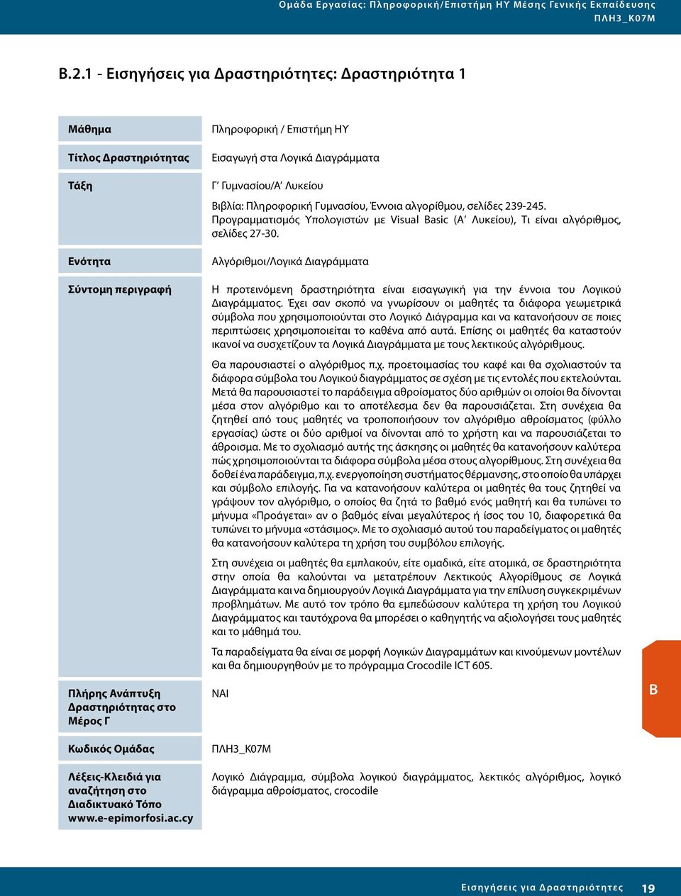 Διαδικτυακό Τόπο www.e-epimorfosi.ac.cy Πληροφορική / Επιστήμη ΗΥ Εισαγωγή στα Λογικά Διαγράμματα υμνασίου/α Λυκείου Βιβλία: Πληροφορική υμνασίου, Έννοια αλγορίθμου, σελίδες 239-245.