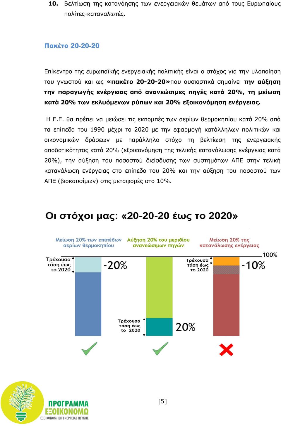 ανανεώσιμες πηγές κατά 20%, τη μείωση κατά 20% των εκλυόμενων ρύπων και 20% εξοικονόμηση ενέργειας. Η Ε.