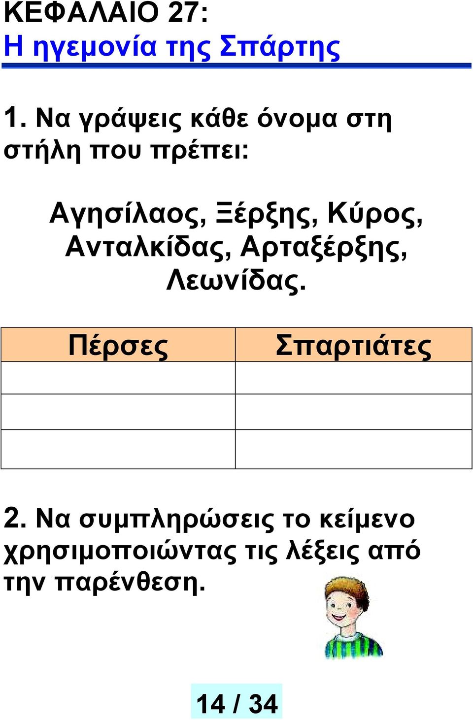 Ξέρξης, Κύρος, Ανταλκίδας, Αρταξέρξης, Λεωνίδας.