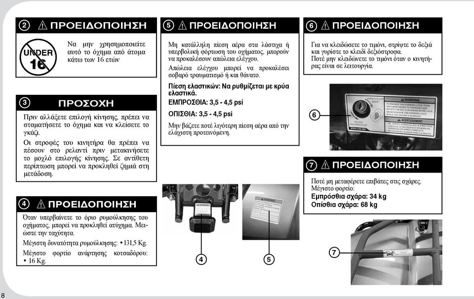 4 ΠΡΟΕΙΔΟΠΟΙΗΣΗ Όταν υπερβαίνετε το όριο ρυμούλκησης του οχήματος, μπορεί να προκληθεί ατύχημα. Μειώστε την ταχύτητα. Μέγιστη δυνατότητα ρυμούλκησης: 131,5 Kg.