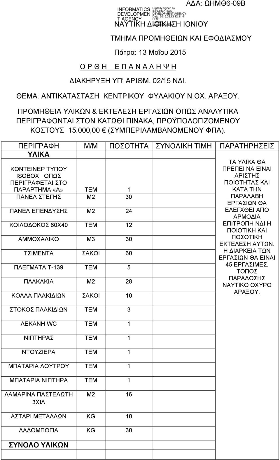 ΠΕΡΙΓΡΑΦΗ Μ/Μ ΠΟΣΟΤΗΤΑ ΣΥΝΟΛΙΚΗ ΤΙΜΗ ΠΑΡΑΤΗΡΗΣΕΙΣ ΥΛΙΚΑ ΚΟΝΤΕΙΝΕΡ ΤΥΠΟΥ ISOBOX ΟΠΩΣ ΠΕΡΙΓΡΑΦΕΤΑΙ ΣΤΟ ΠΑΡΑΡΤΗΜΑ «Α» TEM 1 ΠΑΝΕΛ ΣΤΕΓΗΣ Μ2 30 ΠΑΝΕΛ ΕΠΕΝΔΥΣΗΣ Μ2 24 ΚΟΙΛΟΔΟΚΟΣ 60Χ40 ΤΕΜ 12 ΑΜΜΟΧΑΛΙΚΟ Μ3