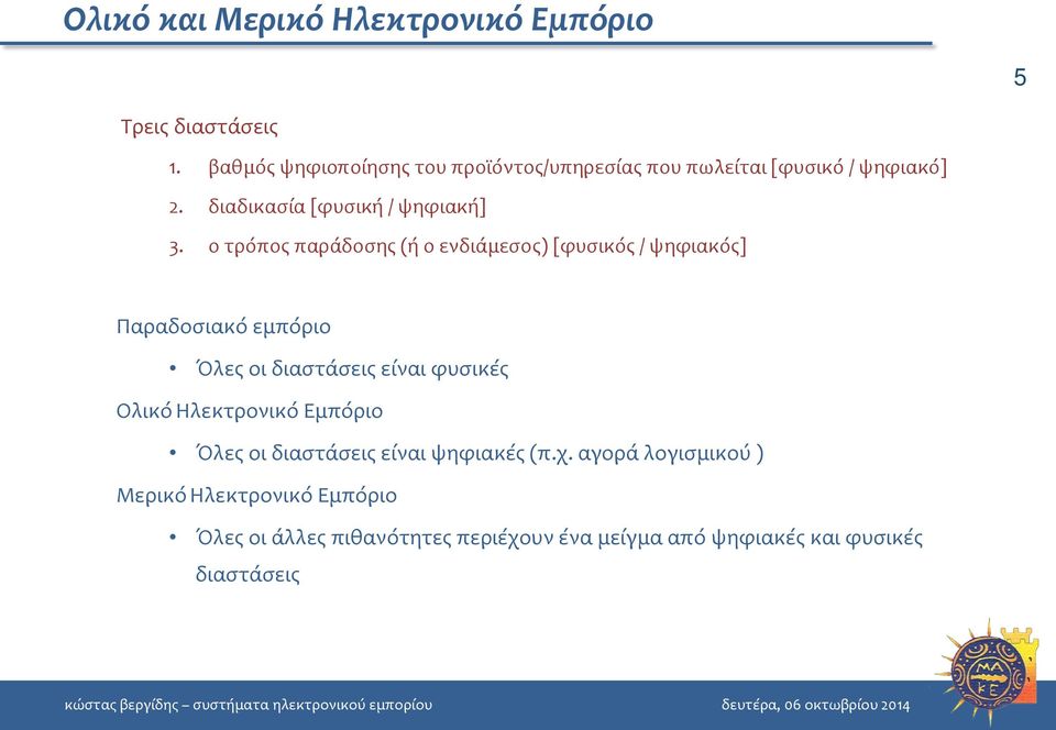 ο τρόπος παράδοσης (ή ο ενδιάμεσος) [φυσικός / ψηφιακός] Παραδοσιακό εμπόριο Όλες οι διαστάσεις είναι φυσικές Ολικό