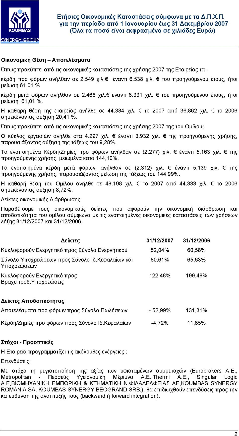 το 2007 από 36.862 χιλ. το 2006 σηµειώνοντας αύξηση 20,41 %. Όπως προκύπτει από τις οικονοµικές καταστάσεις της χρήσης 2007 της του Οµίλου: Ο κύκλος εργασιών ανήλθε στα 4.297 χιλ. έναντι 3.932 χιλ.