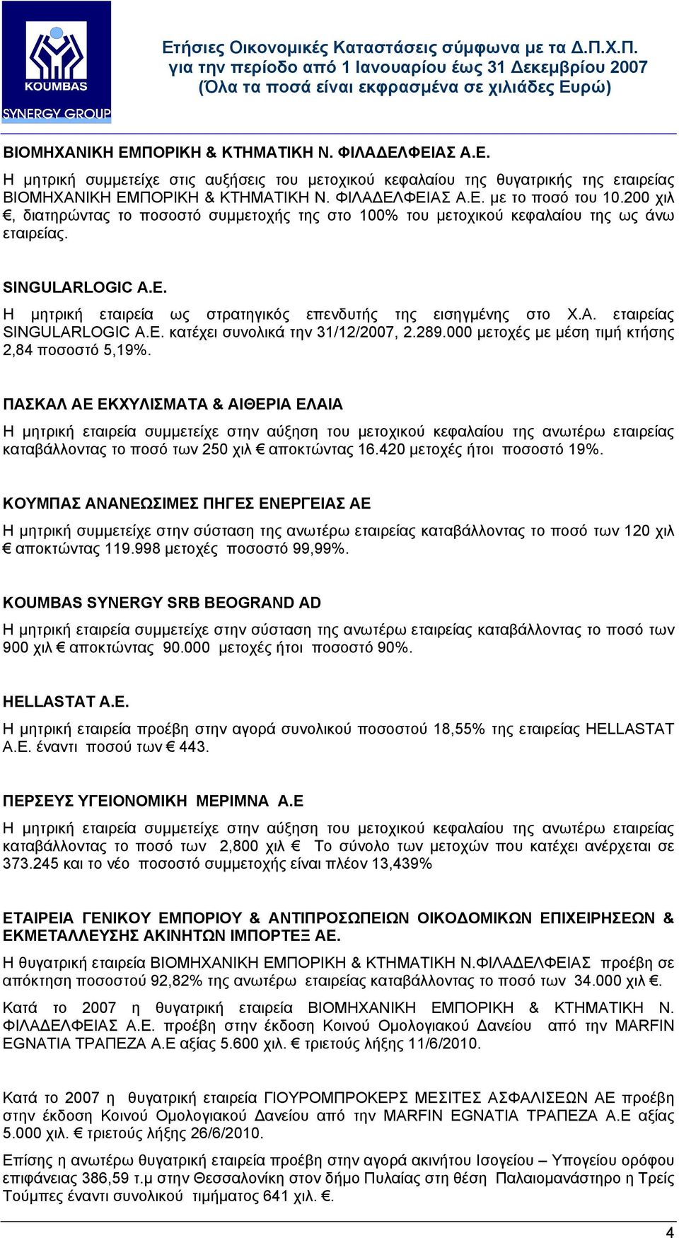 εταιρείας SINGULARLOGIC A.E. κατέχει συνολικά την 31/12/2007, 2.289.000 µετοχές µε µέση τιµή κτήσης 2,84 ποσοστό 5,19%.