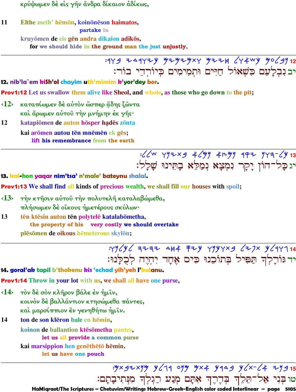 Prov1:12 Let us swallow them alive like Sheol, and whole, as those who go down to the pit; 12 καταπίωµεν δὲ αὐτὸν ὥσπερ ᾅδης ζῶντα καὶ ἄρωµεν αὐτοῦ τὴν µνήµην ἐκ γῆς 12 katapi men de auton h sper ha