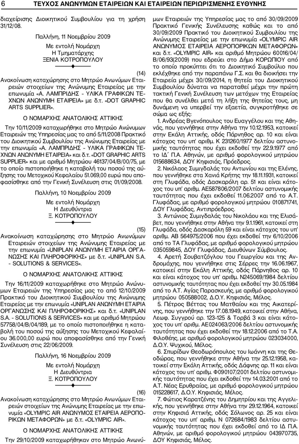 Την 10/11/2009 καταχωρήθηκε στο Μητρώο Ανώνυμων Εταιρειών της Υπηρεσίας μας το από 5/11/2008 Πρακτικό του Διοικητικού Συμβουλίου της Ανώνυμης Εταιρείας με την επωνυμία «Α.