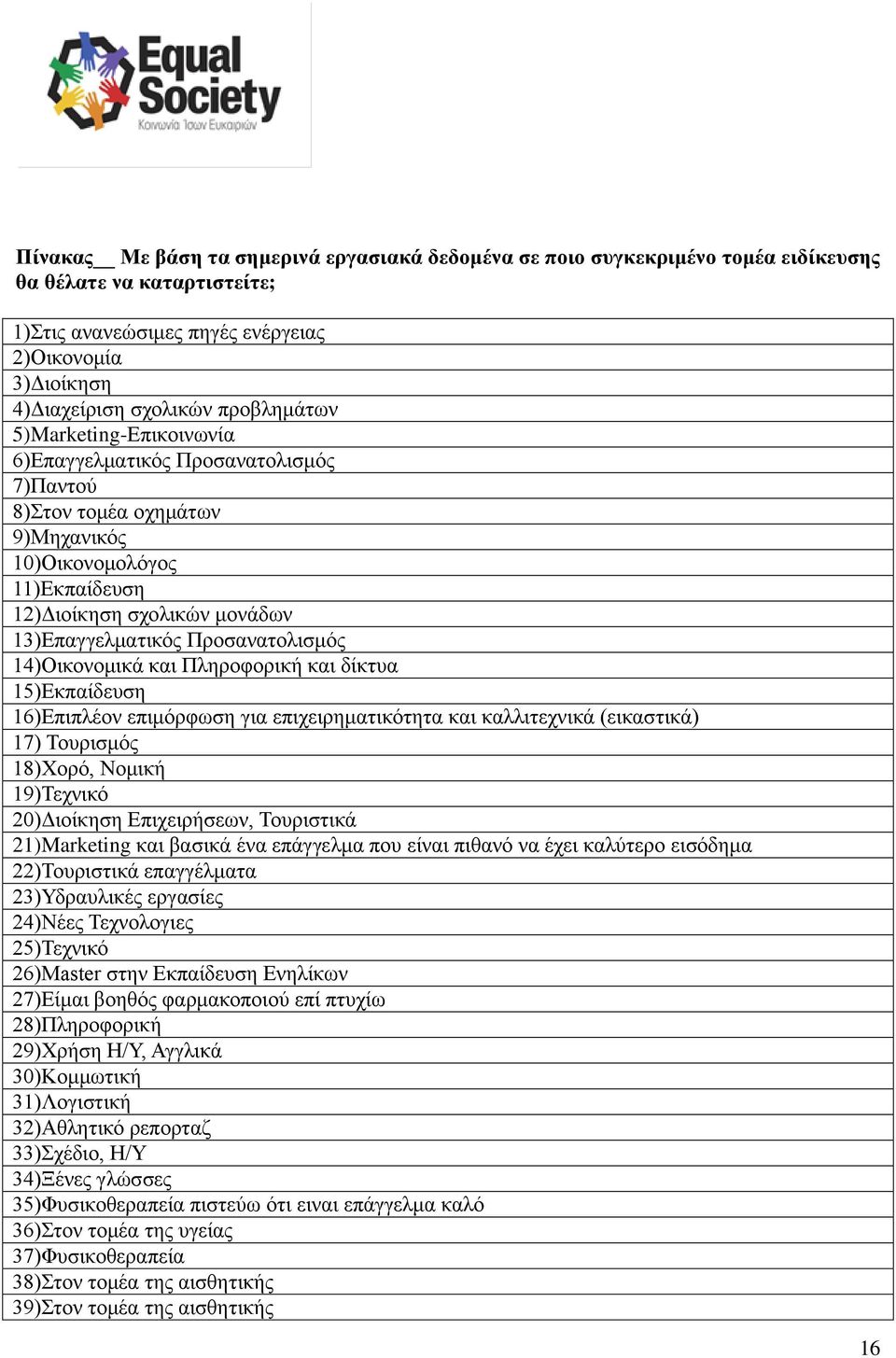 Προσανατολισμός 14)Οικονομικά και Πληροφορική και δίκτυα 15)Εκπαίδευση 16)Επιπλέον επιμόρφωση για επιχειρηματικότητα και καλλιτεχνικά (εικαστικά) 17) Τουρισμός 18)Χορό, Νομική 19)Τεχνικό 20)Διοίκηση