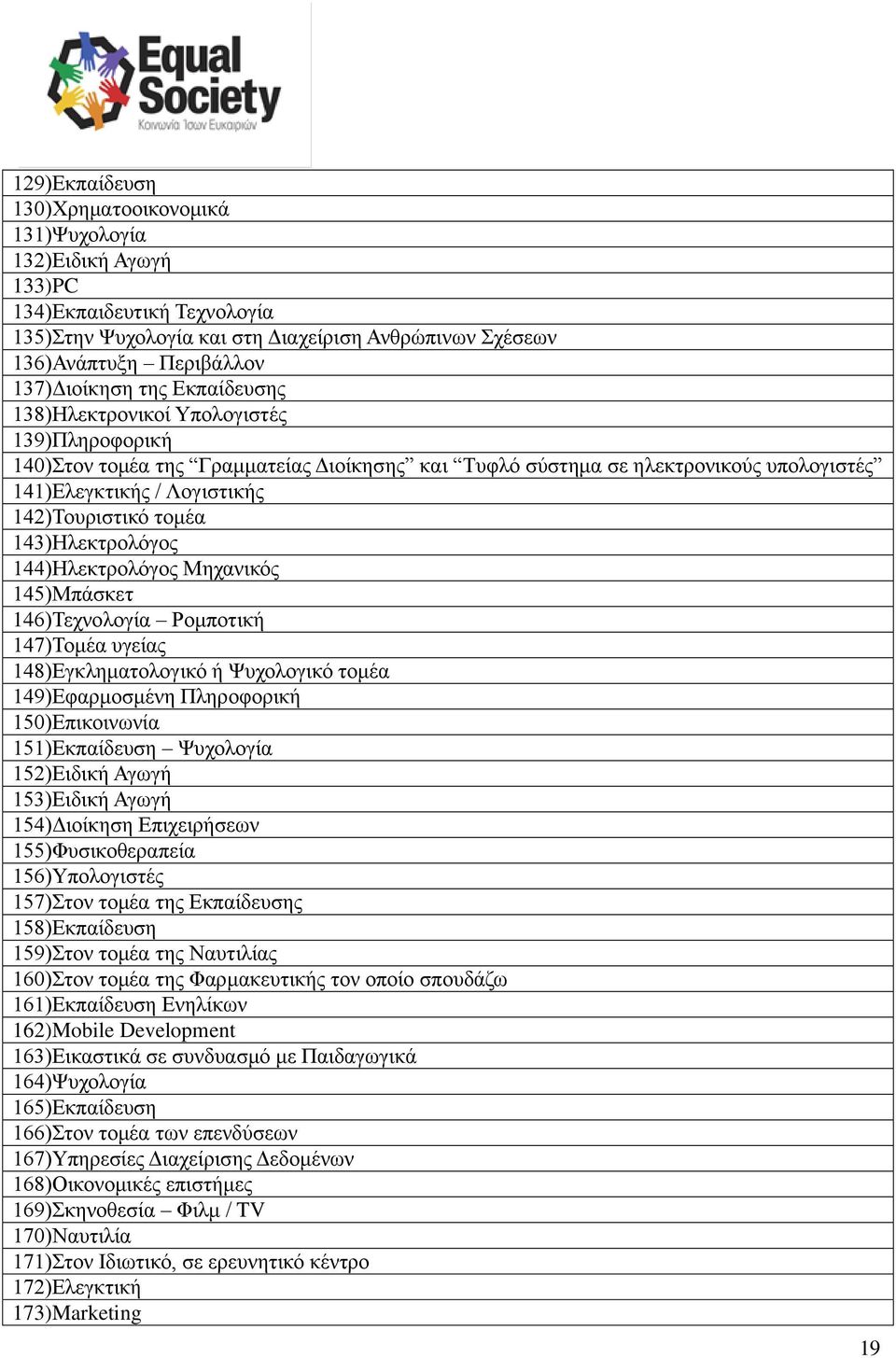 143)Ηλεκτρολόγος 144)Ηλεκτρολόγος Μηχανικός 145)Μπάσκετ 146)Τεχνολογία Ρομποτική 147)Τομέα υγείας 148)Εγκληματολογικό ή Ψυχολογικό τομέα 149)Εφαρμοσμένη Πληροφορική 150)Επικοινωνία 151)Εκπαίδευση