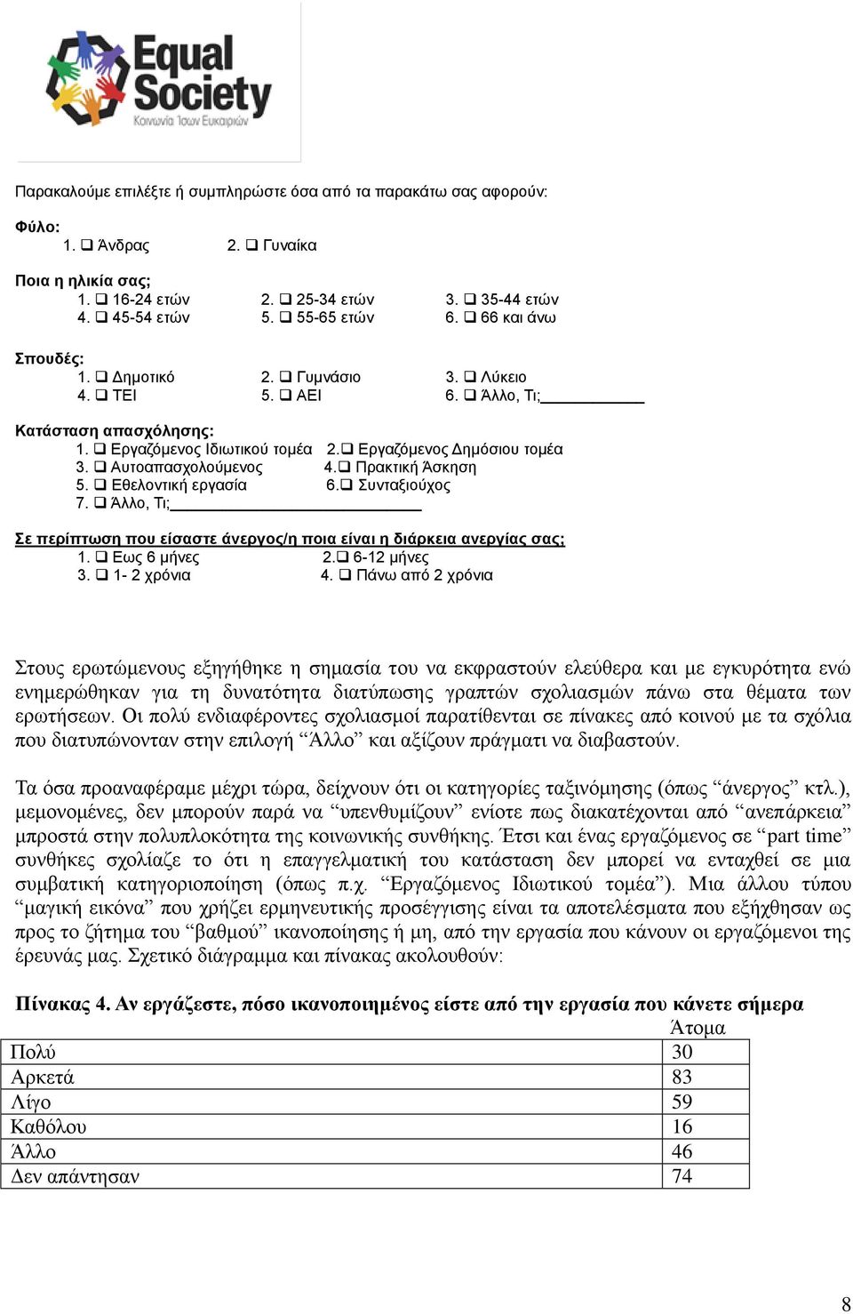 Πρακτική Άσκηση 5. Εθελοντική εργασία 6. Συνταξιούχος 7. Άλλο, Τι; Σε περίπτωση που είσαστε άνεργος/η ποια είναι η διάρκεια ανεργίας σας; 1. Εως 6 μήνες 2. 6-12 μήνες 3. 1-2 χρόνια 4.