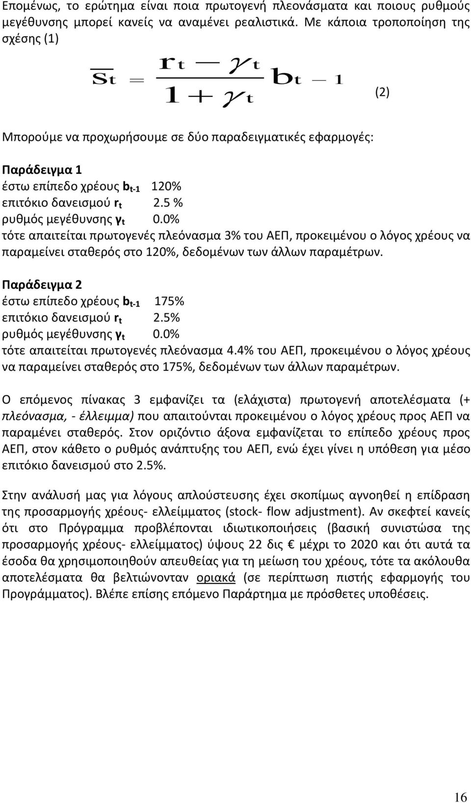 5 % ρυθμός μεγέθυνσης γ t 0.0% τότε απαιτείται πρωτογενές πλεόνασμα 3% του ΑΕΠ, προκειμένου ο λόγος χρέους να παραμείνει σταθερός στο 120%, δεδομένων των άλλων παραμέτρων.