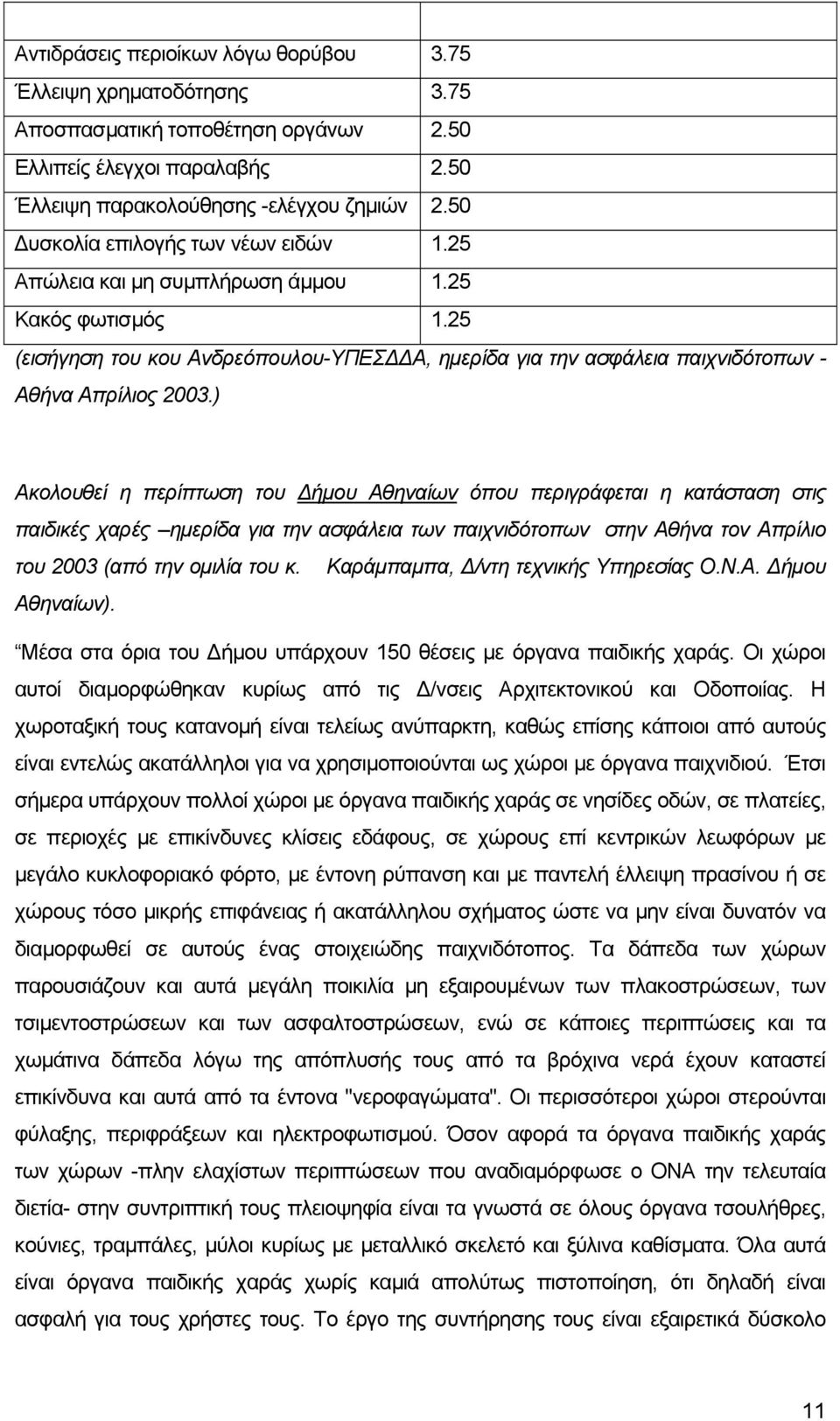 ) Ακολουθεί η περίπτωση του ήµου Αθηναίων όπου περιγράφεται η κατάσταση στις παιδικές χαρές ηµερίδα για την ασφάλεια των παιχνιδότοπων στην Αθήνα τον Απρίλιο του 2003 (από την οµιλία του κ.
