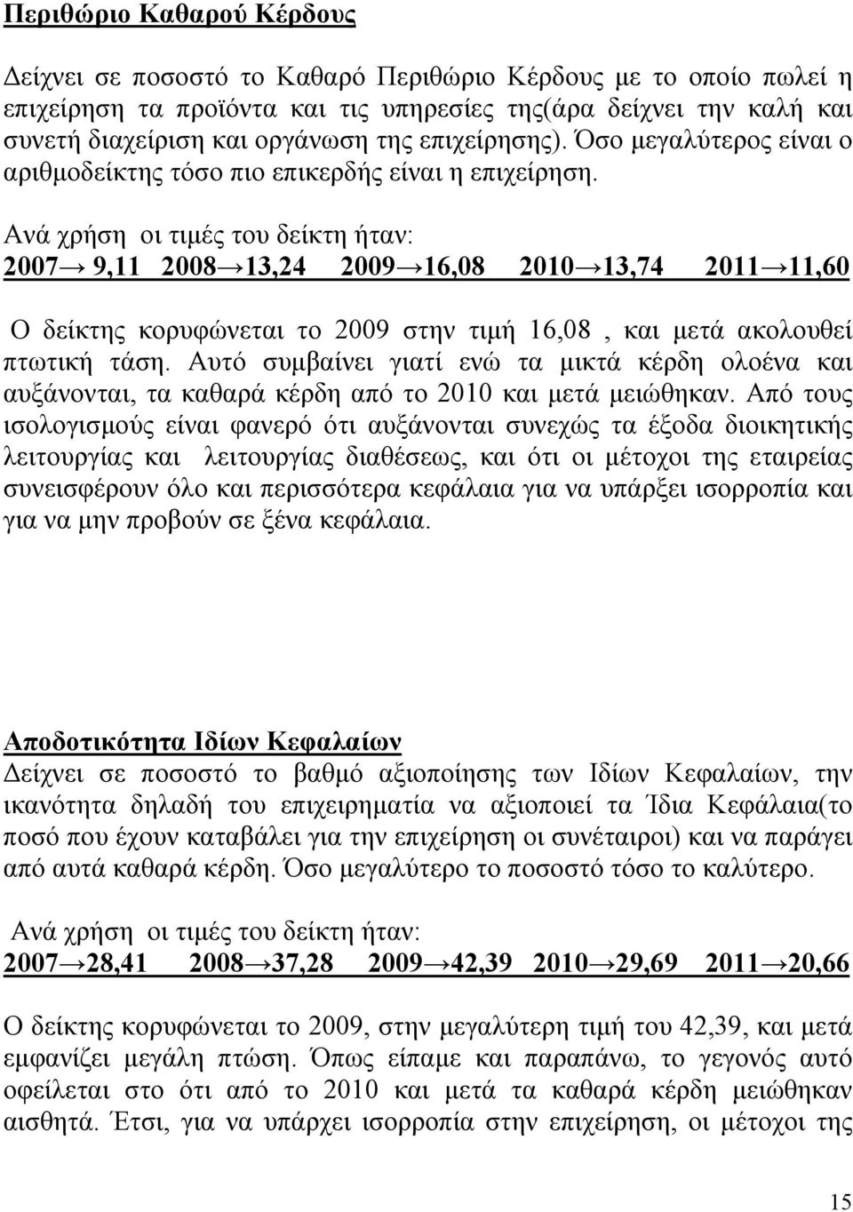 Ανά χρήση οι τιμές του δείκτη ήταν: 2007 9,11 2008 13,24 2009 16,08 2010 13,74 2011 11,60 Ο δείκτης κορυφώνεται το 2009 στην τιμή 16,08, και μετά ακολουθεί πτωτική τάση.