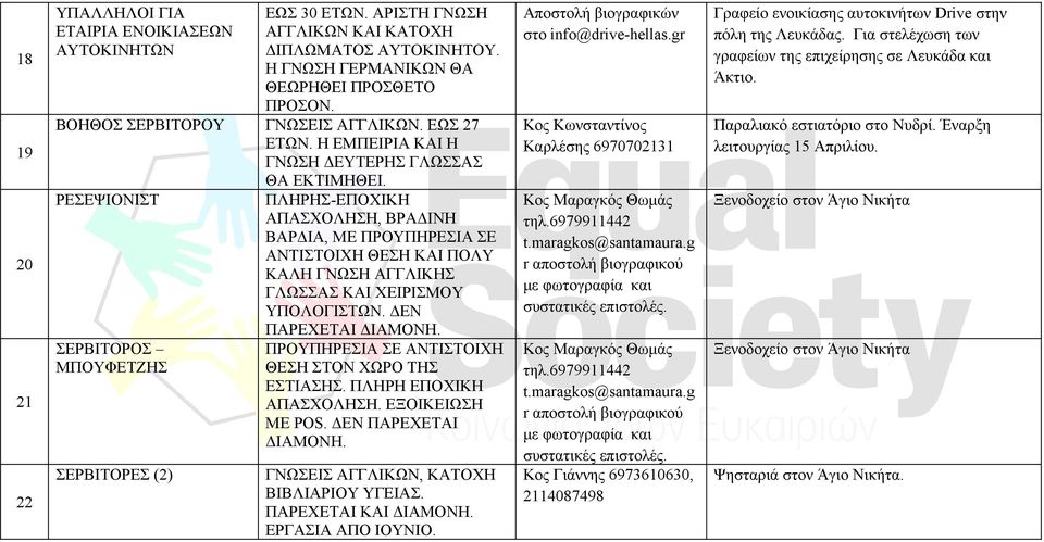 ΡΕΣΕΨΙΟΝΙΣΤ ΣΕΡΒΙΤΟΡΟΣ ΜΠΟΥΦΕΤΖΗΣ ΣΕΡΒΙΤΟΡΕΣ (2) ΠΛΗΡΗΣ-ΕΠΟΧΙΚΗ ΑΠΑΣΧΟΛΗΣΗ, ΒΡΑΔΙΝΗ ΒΑΡΔΙΑ, ΜΕ ΠΡΟΥΠΗΡΕΣΙΑ ΣΕ ΑΝΤΙΣΤΟΙΧΗ ΘΕΣΗ ΚΑΙ ΠΟΛΥ ΚΑΛΗ ΓΝΩΣΗ ΑΓΓΛΙΚΗΣ ΓΛΩΣΣΑΣ ΚΑΙ ΧΕΙΡΙΣΜΟΥ ΥΠΟΛΟΓΙΣΤΩΝ.