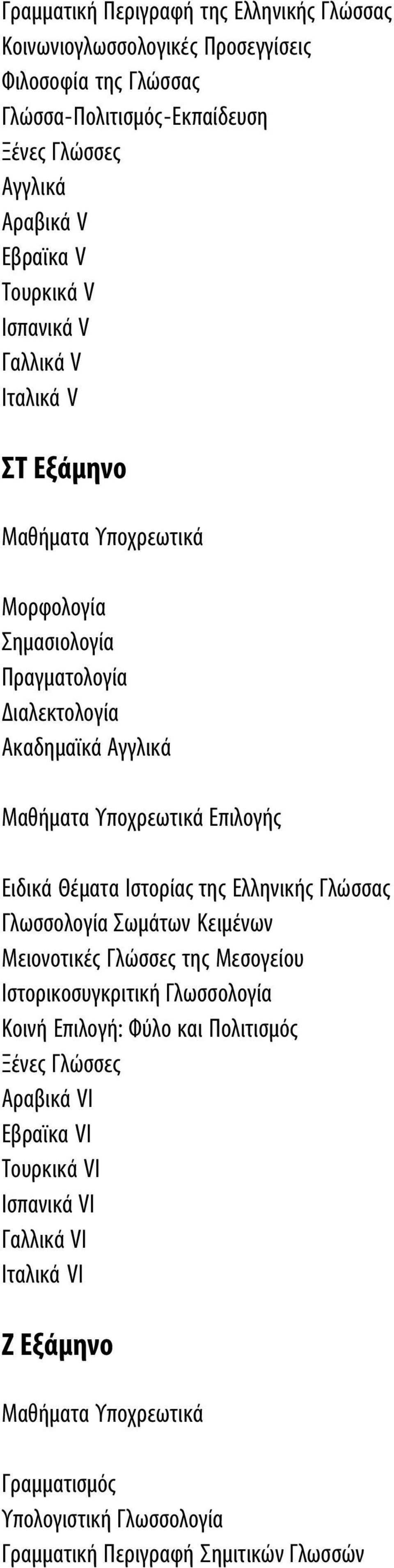 Ιστορίας της Ελληνικής Γλώσσας Γλωσσολογία Σωμάτων Κειμένων Μειονοτικές Γλώσσες της Μεσογείου Ιστορικοσυγκριτική Γλωσσολογία Κοινή Επιλογή: Φύλο και