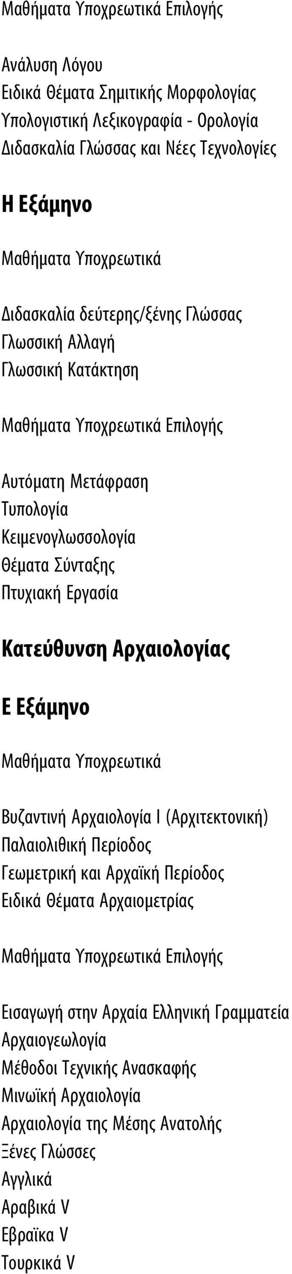 Αρχαιολογίας Ε Εξάμηνο Βυζαντινή Αρχαιολογία Ι (Αρχιτεκτονική) Παλαιολιθική Περίοδος Γεωμετρική και Αρχαϊκή Περίοδος Ειδικά Θέματα Αρχαιομετρίας Επιλογής